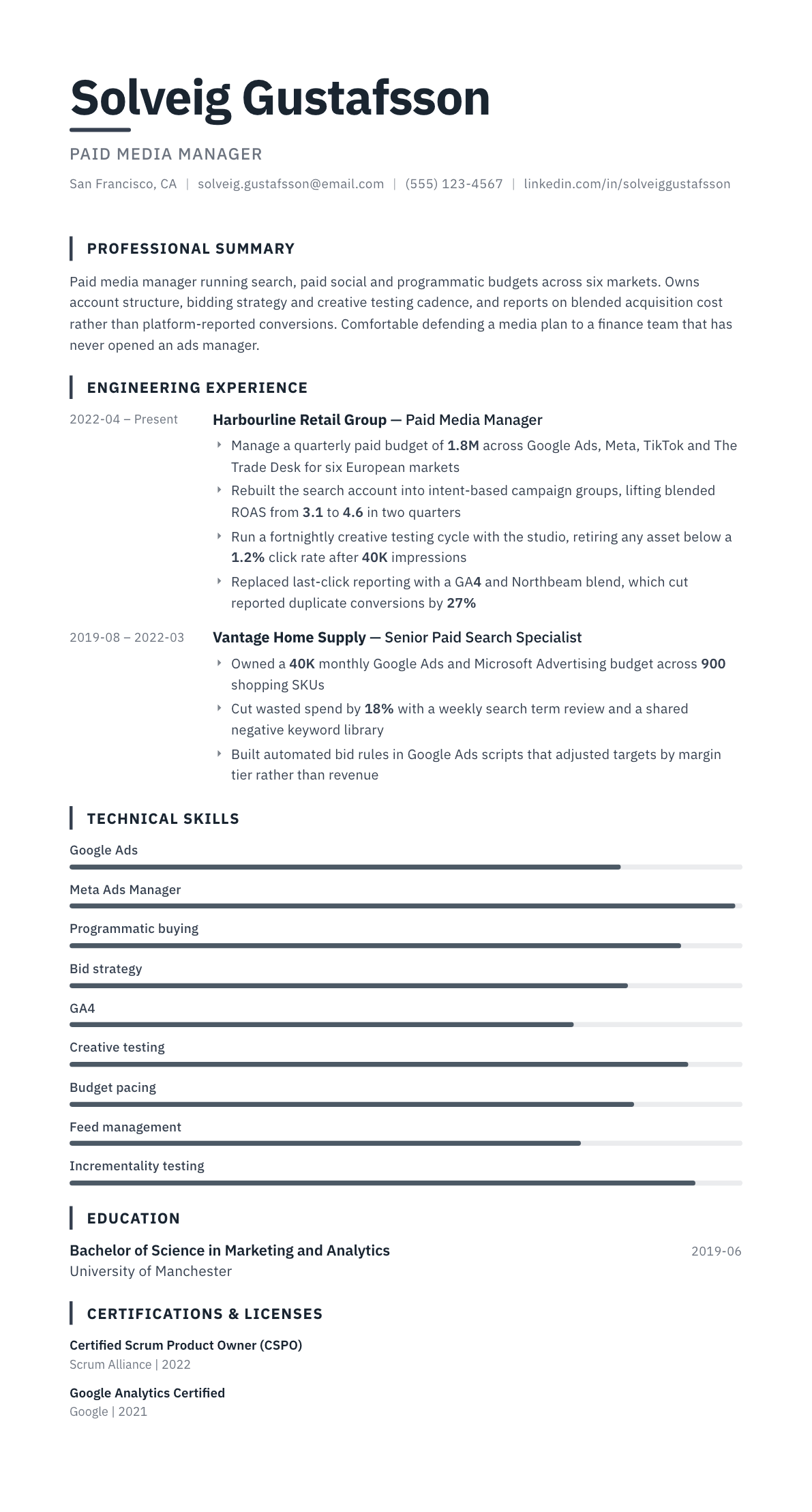 Paid Media Manager resume example, Blueprint template