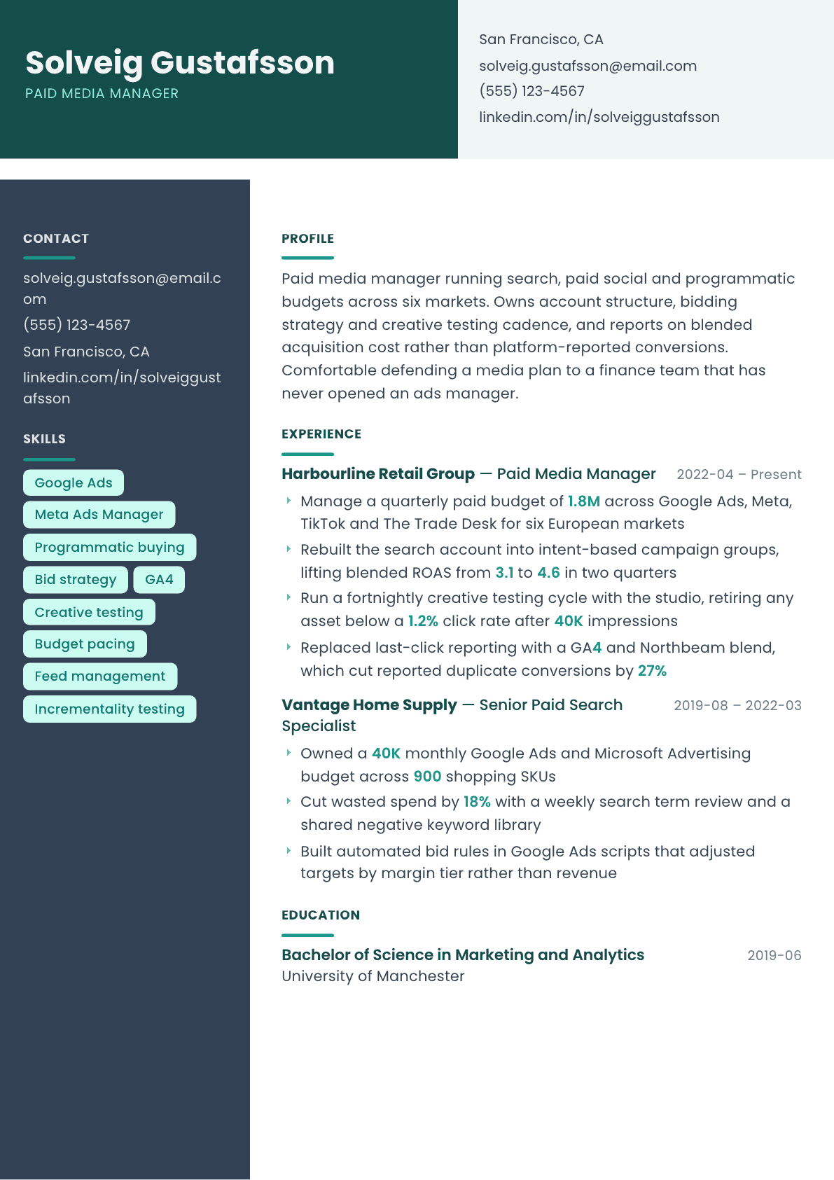 Paid Media Manager resume example, Spectrum template