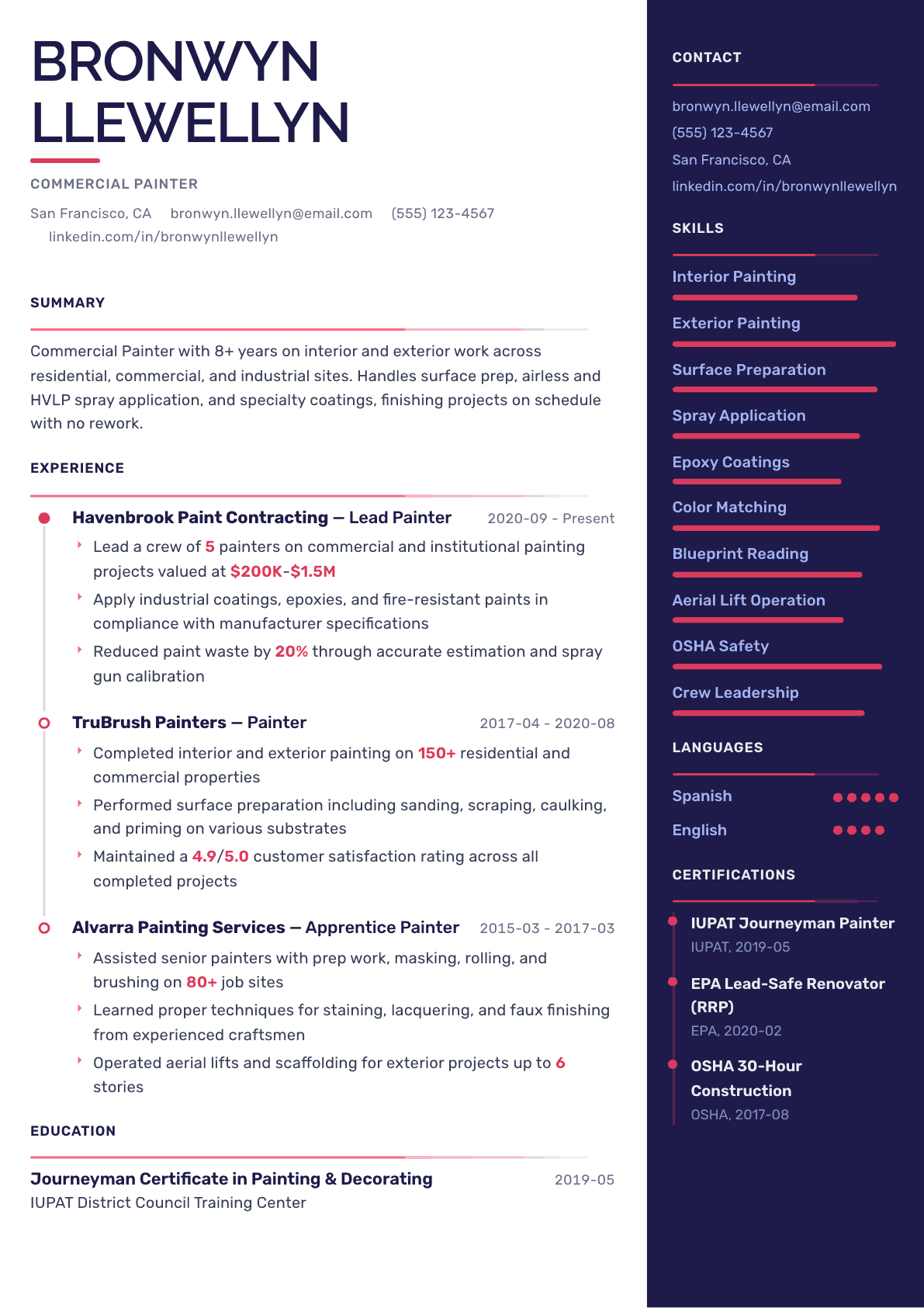 Painter resume example, Obsidian Dark template