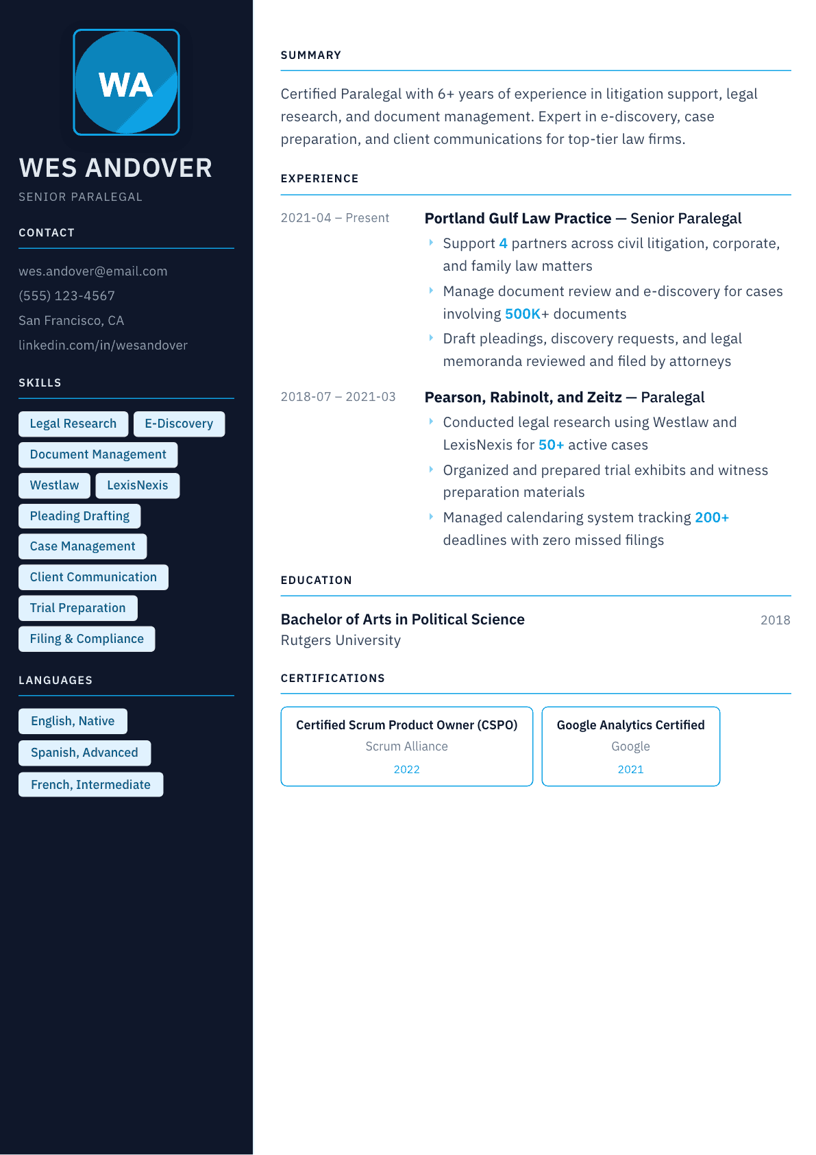 Paralegal resume example, Everest template