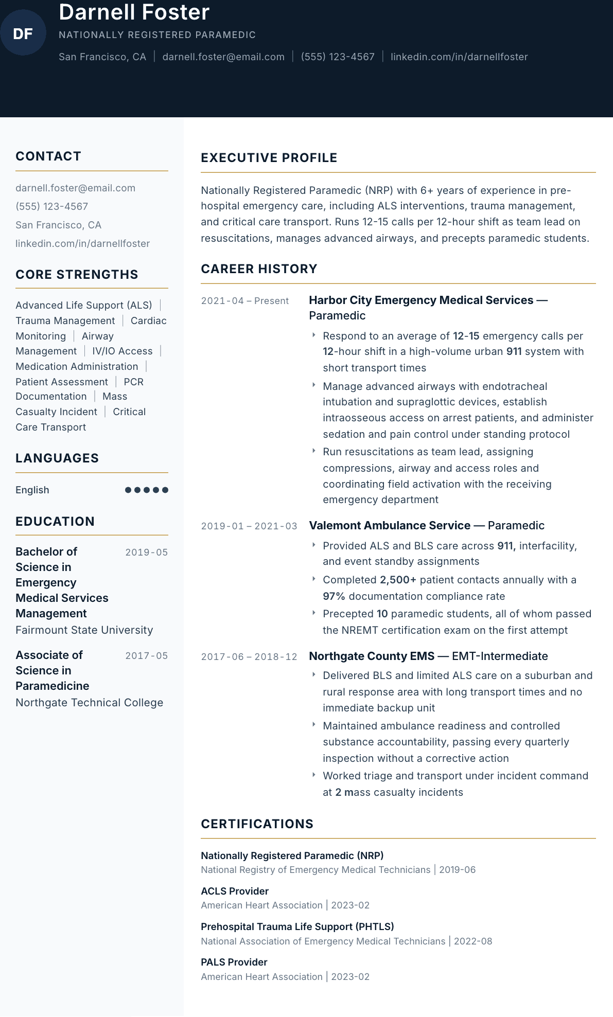 Paramedic resume example, Consulate template