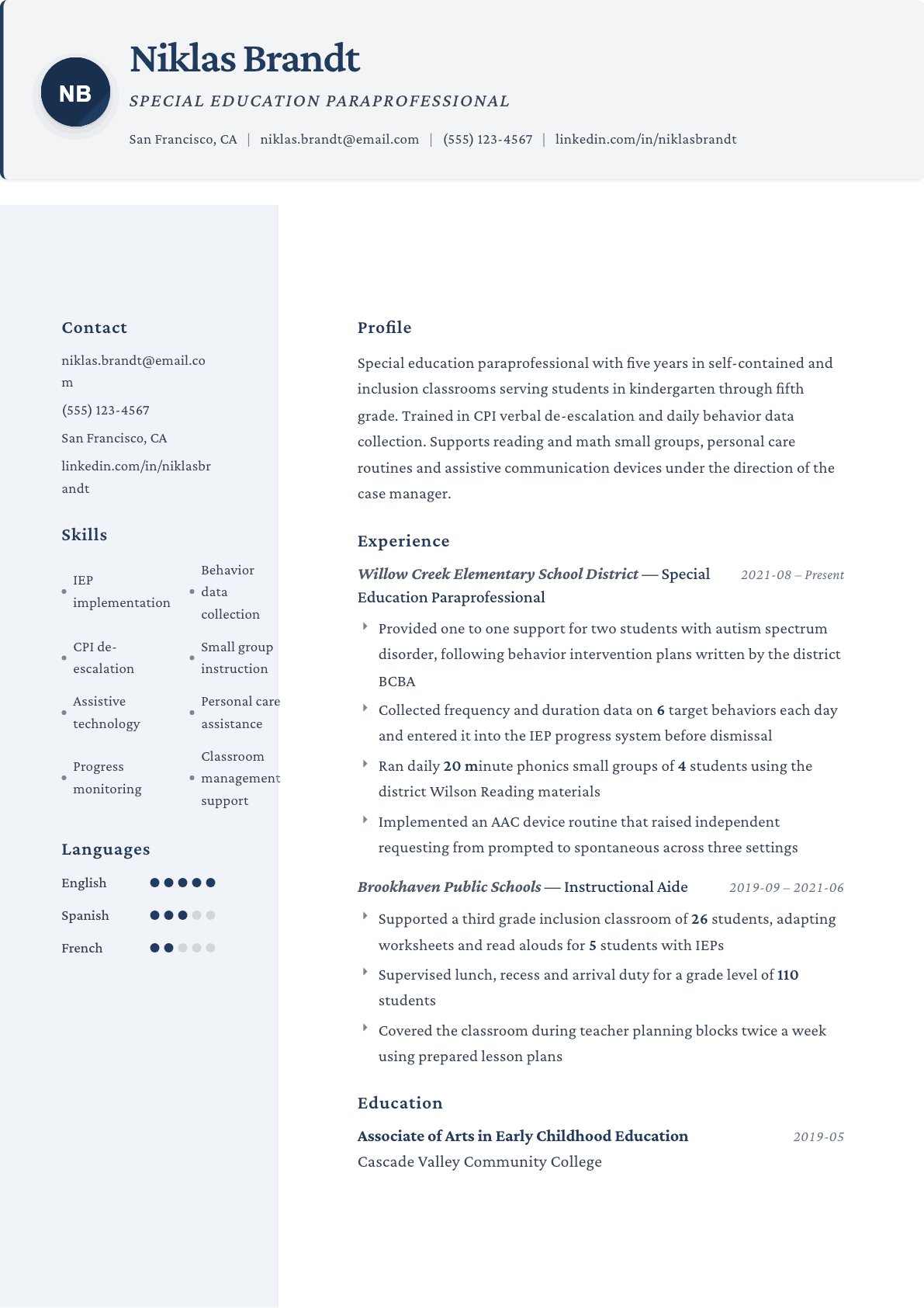 Paraprofessional resume example, Formal template