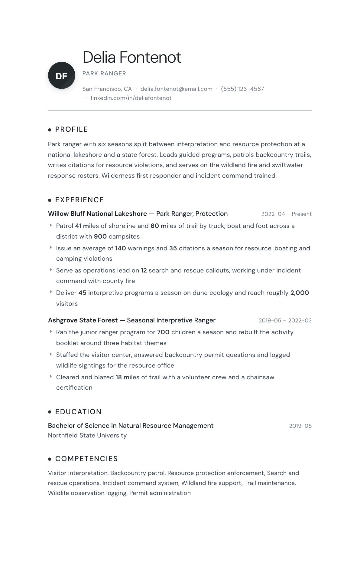 Park Ranger resume example, Pinnacle template