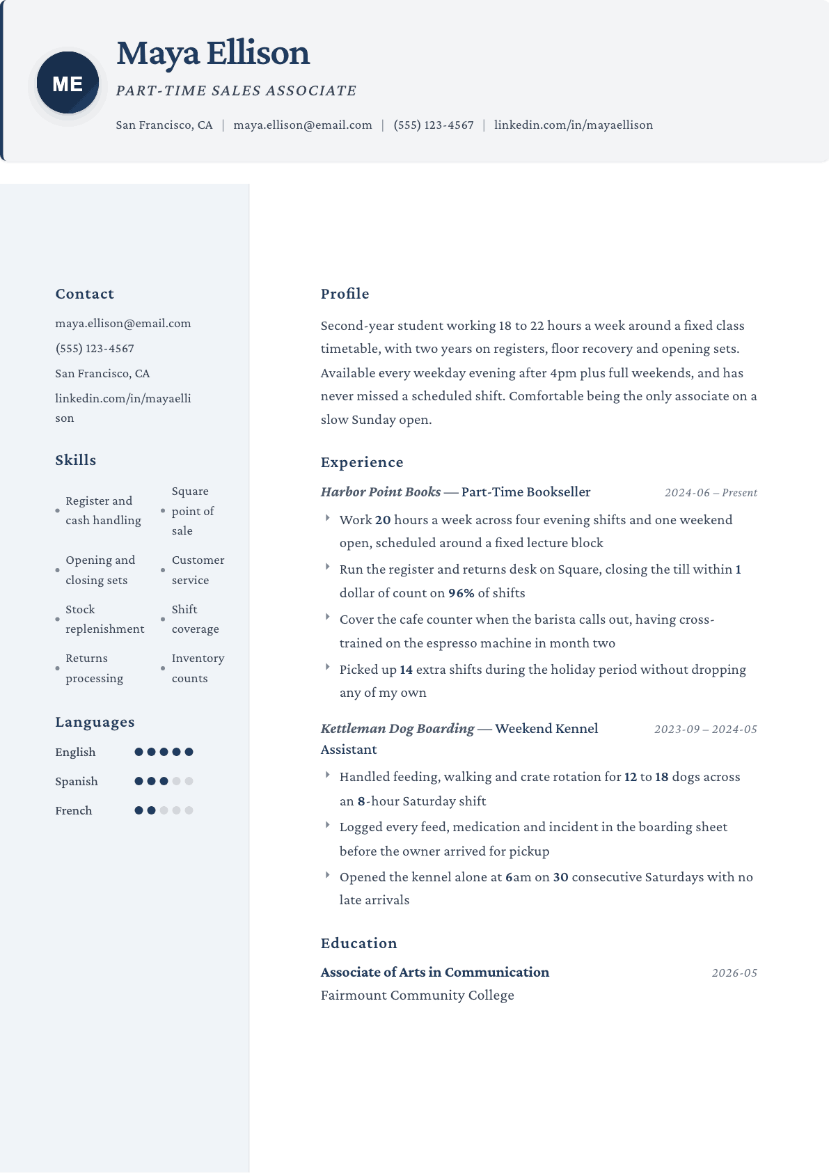 Part-Time Job resume example, Formal template