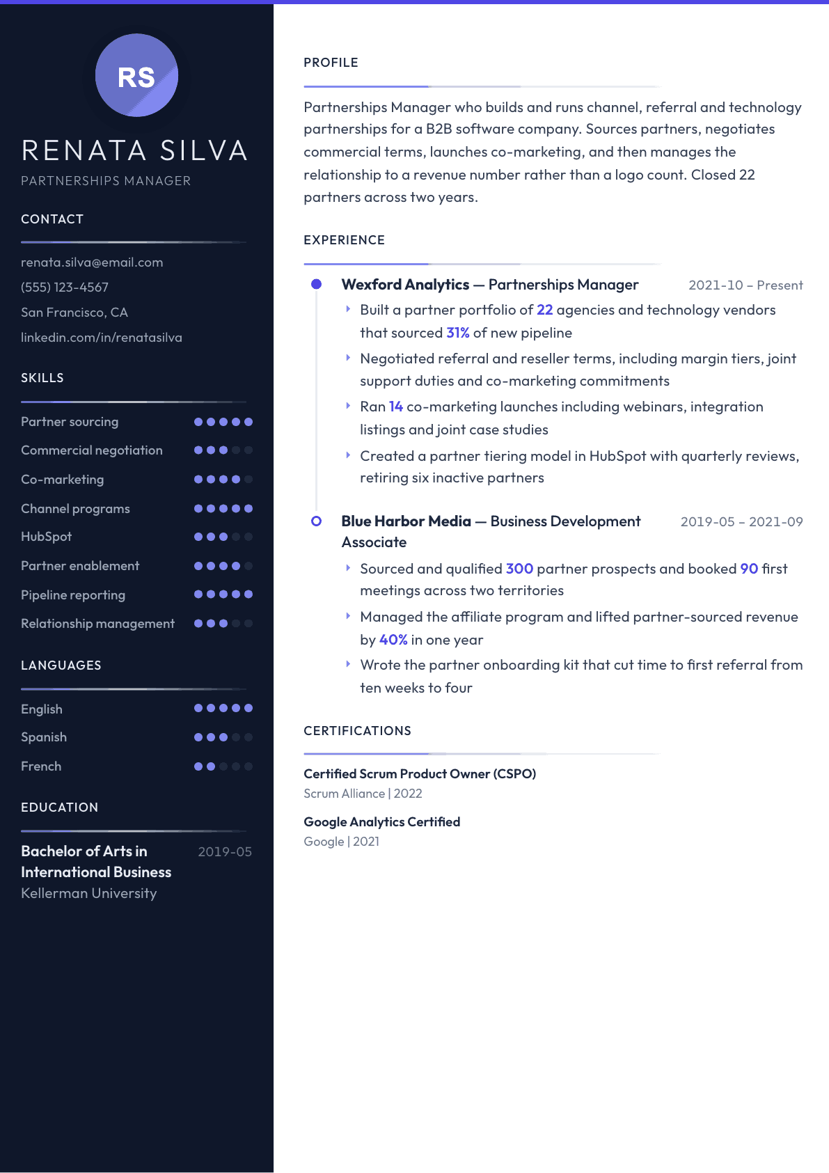 Partnerships Manager resume example, Zenith template
