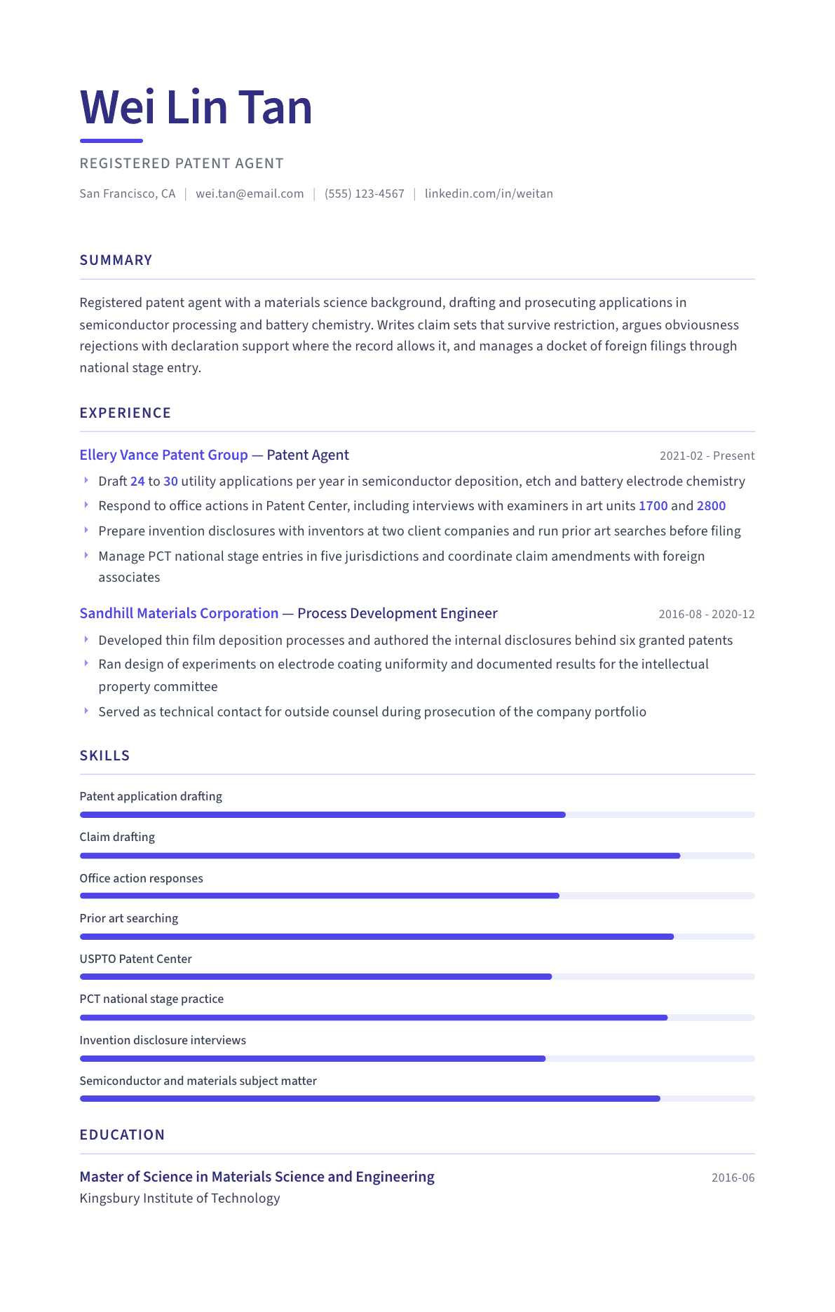Patent Agent resume example, Logic template