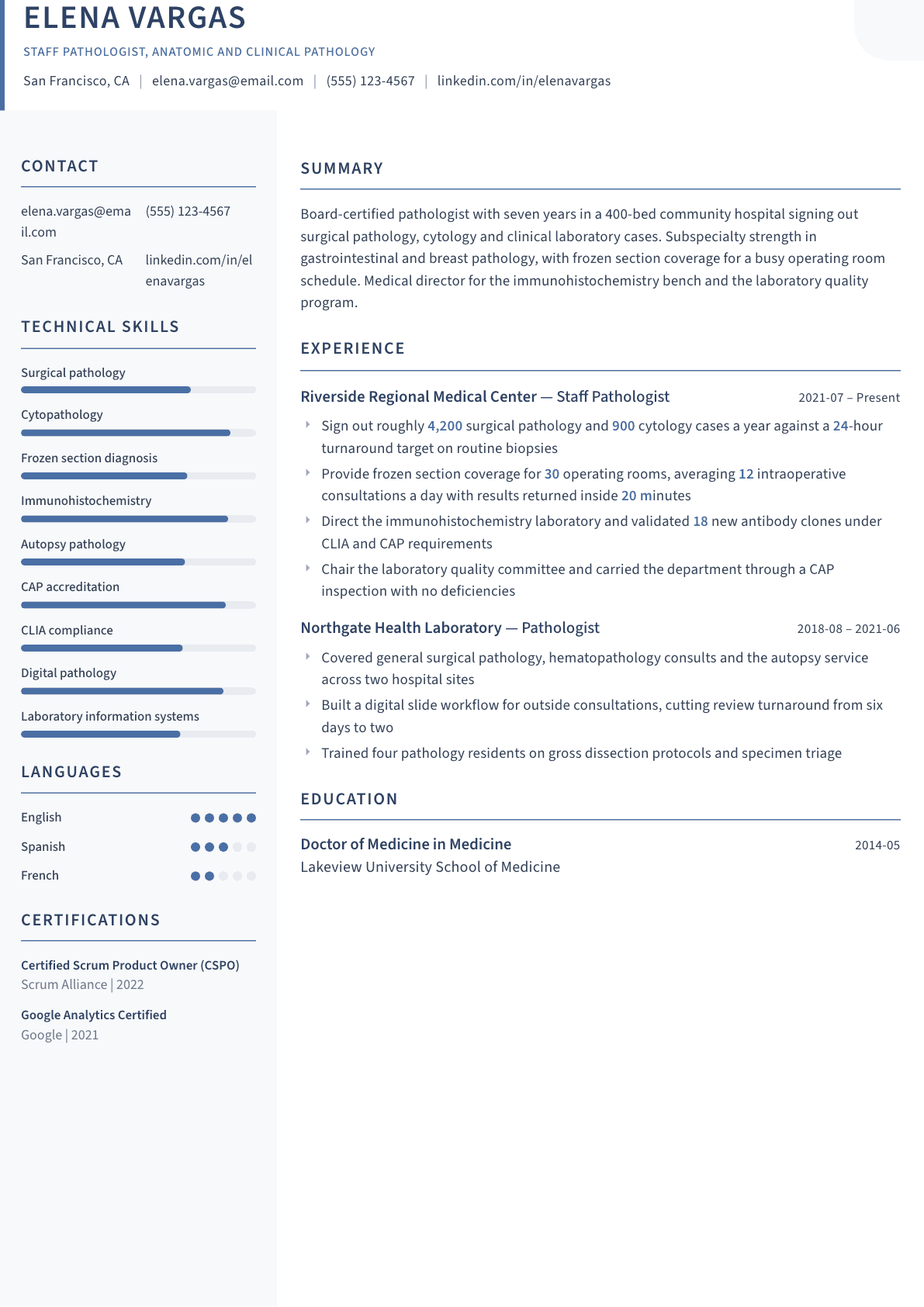 Pathologist resume example, Summit template