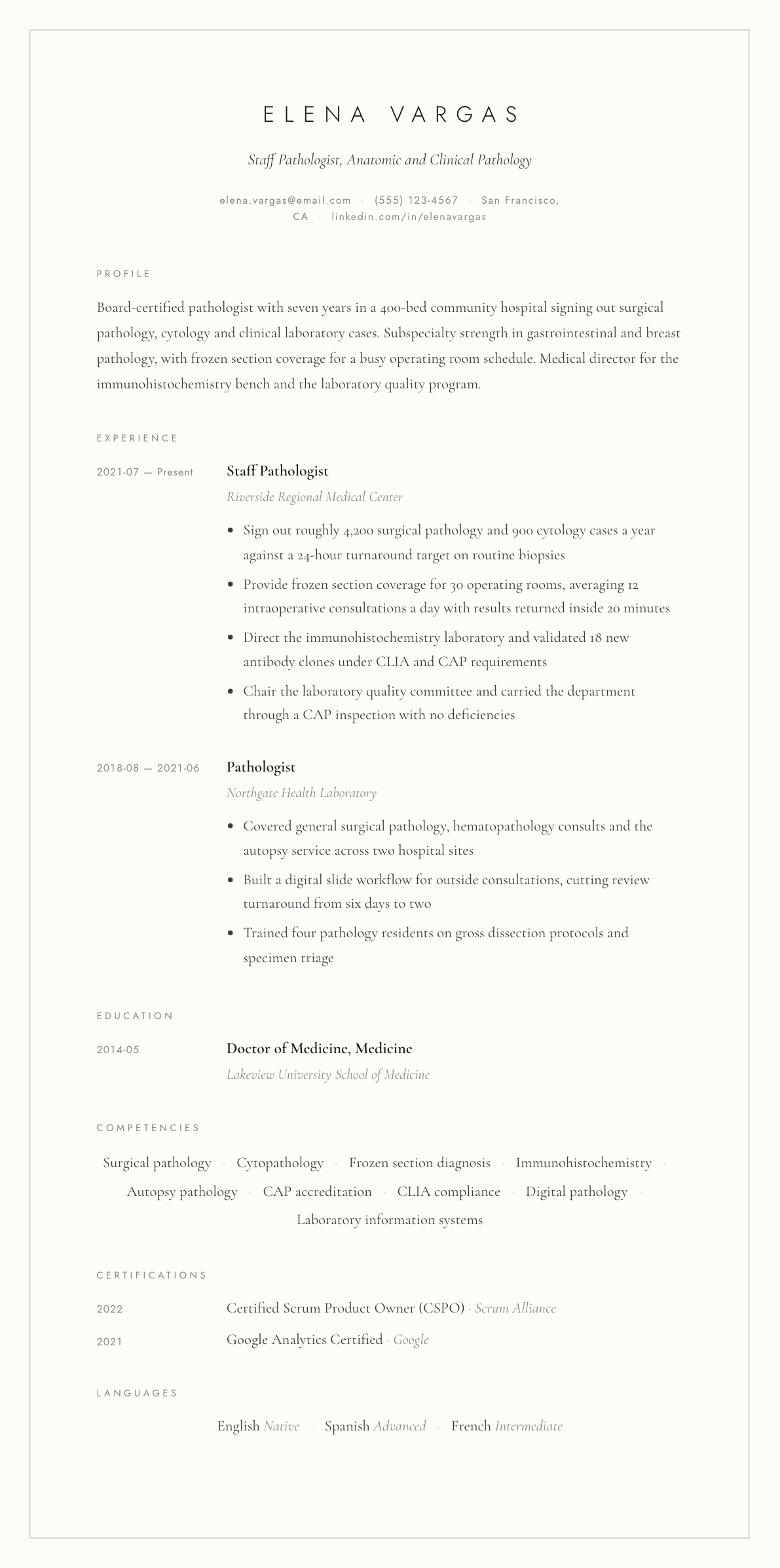 Pathologist resume example, Vellum template