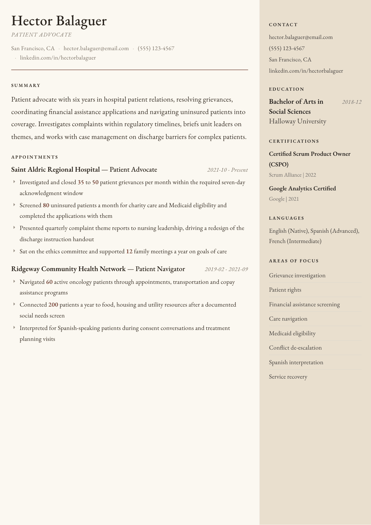 Patient Advocate resume example, Manuscript template