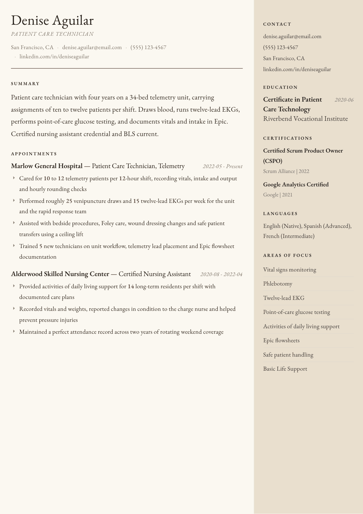 Patient Care Technician resume example, Manuscript template