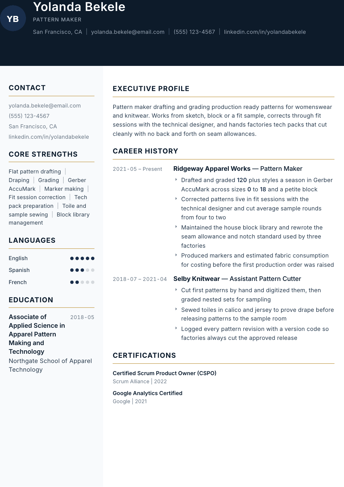 Pattern Maker resume example, Consulate template