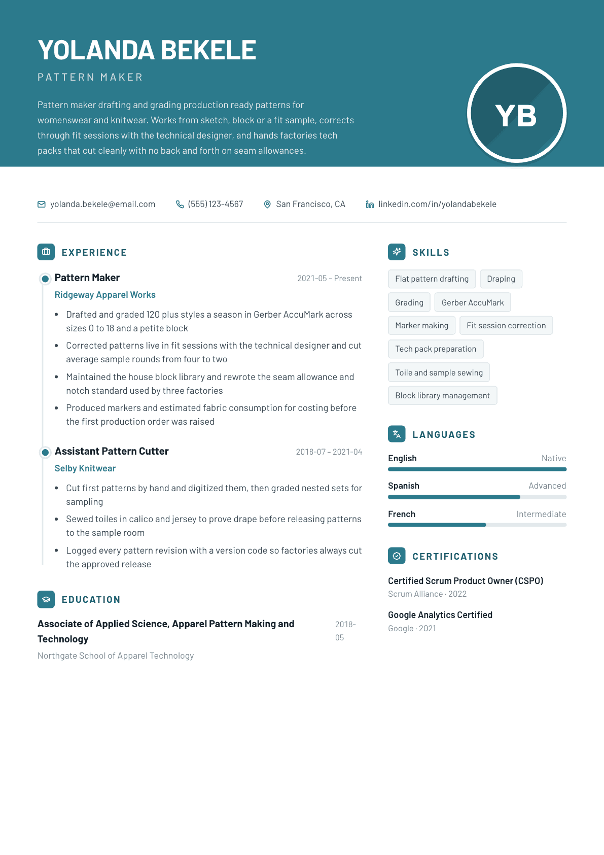 Pattern Maker resume example, Harbor template