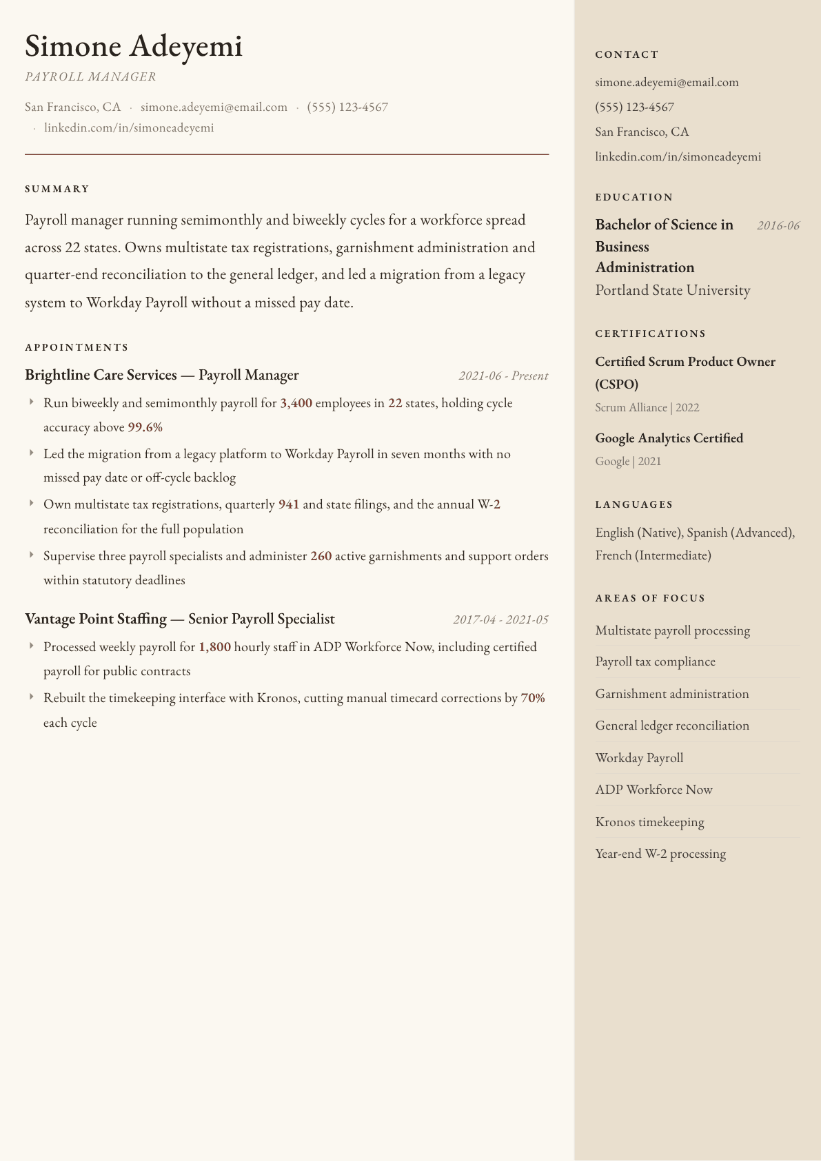 Payroll Manager resume example, Manuscript template