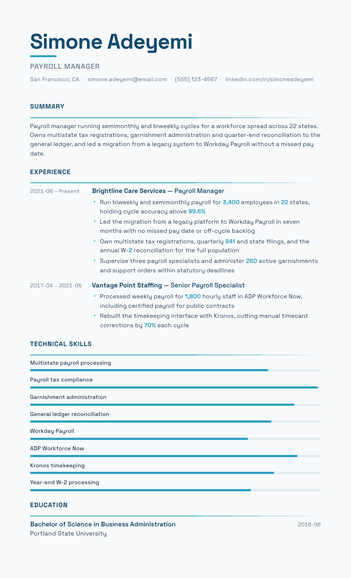 Payroll Manager resume example, Velocity template