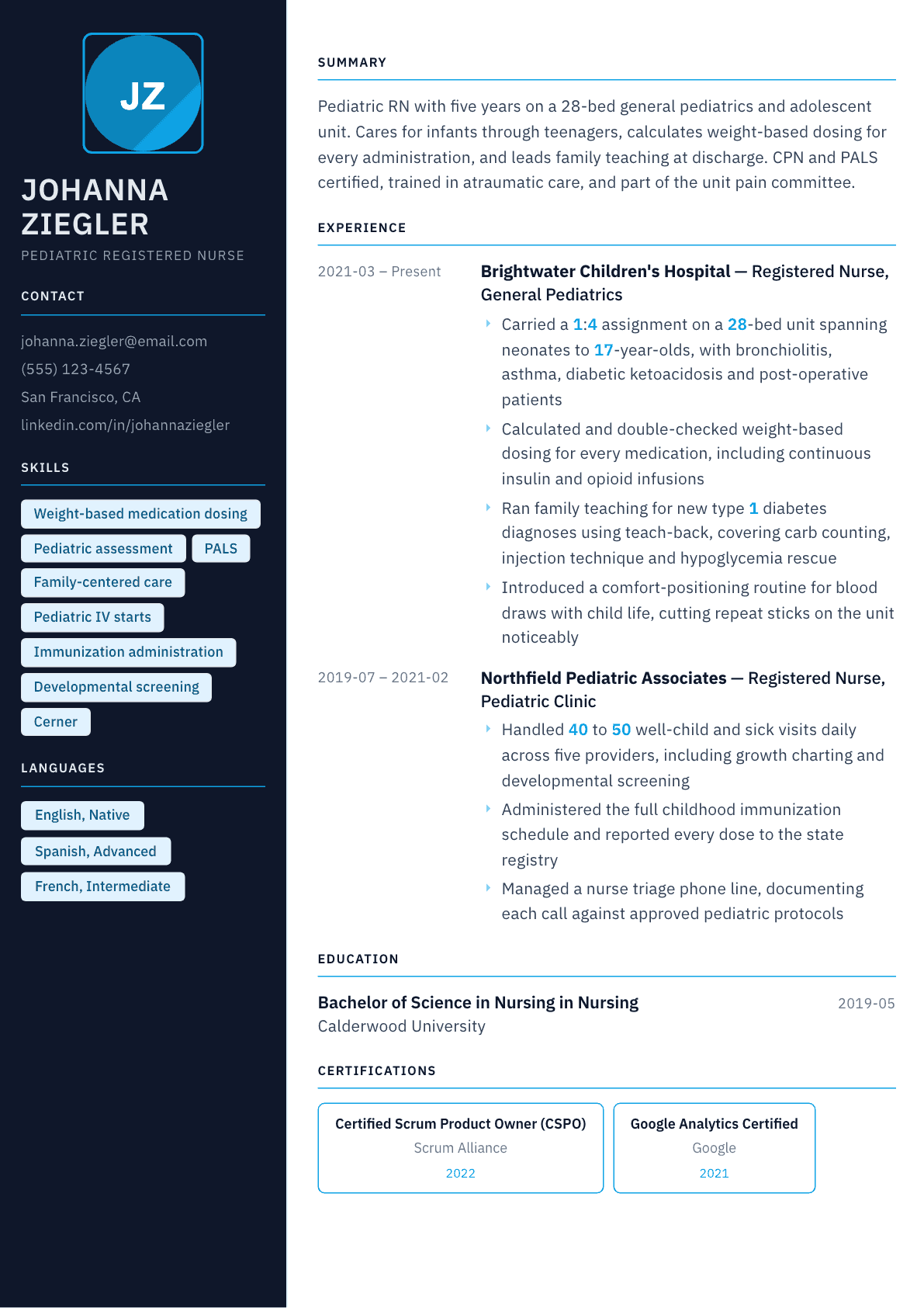Pediatric Nurse resume example, Everest template
