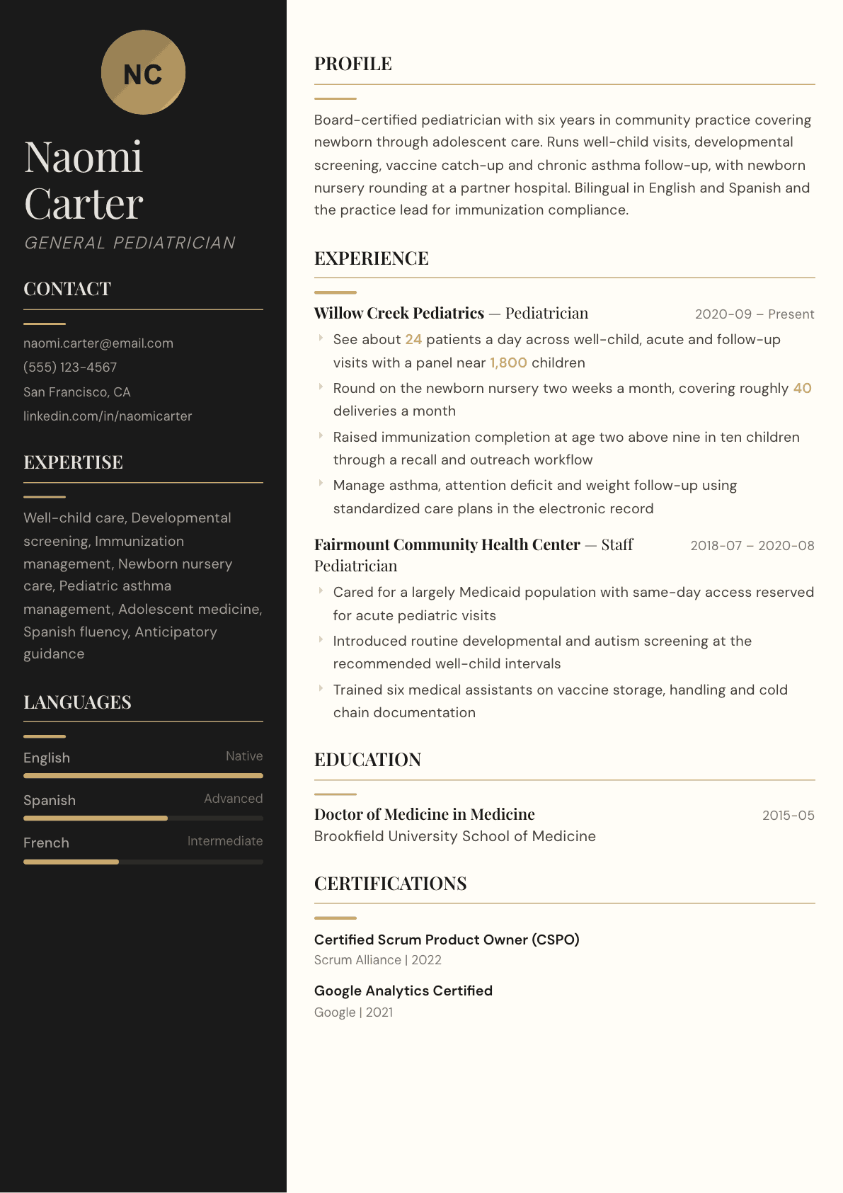 Pediatrician resume example, Obsidian template