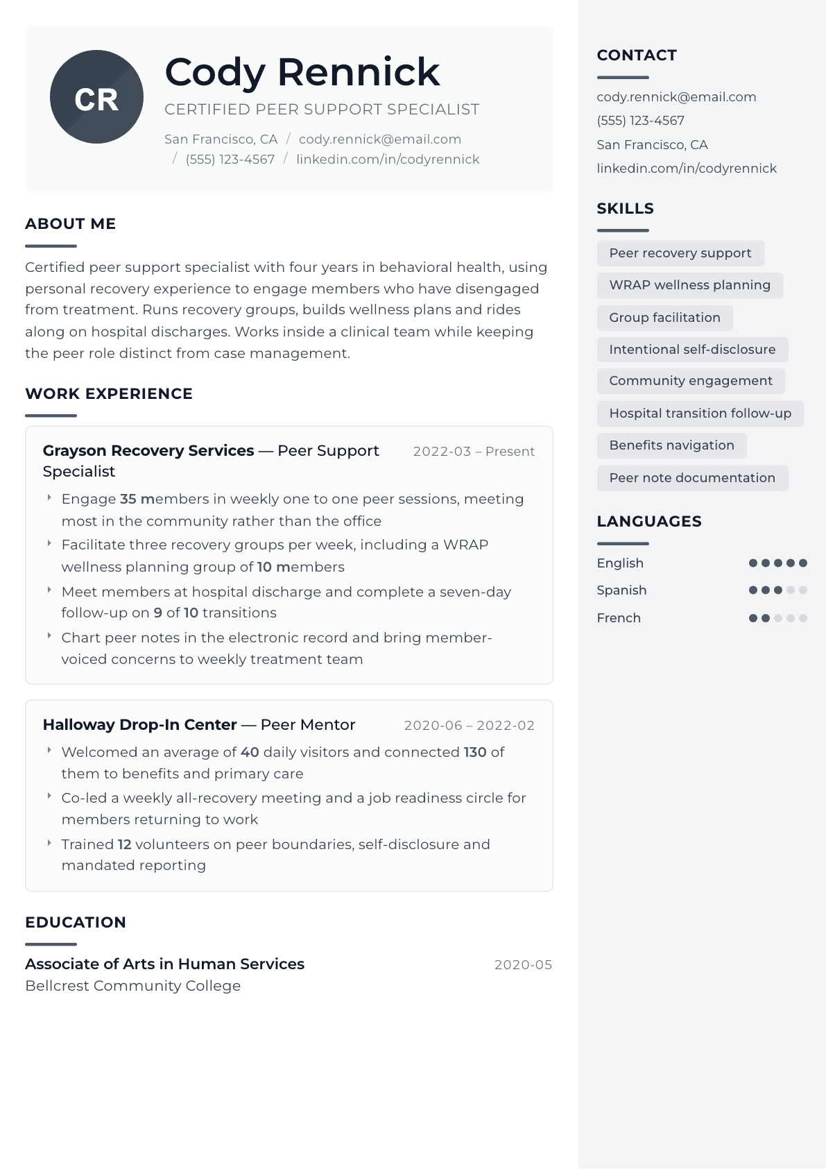 Peer Support Specialist resume example, Metropolitan template