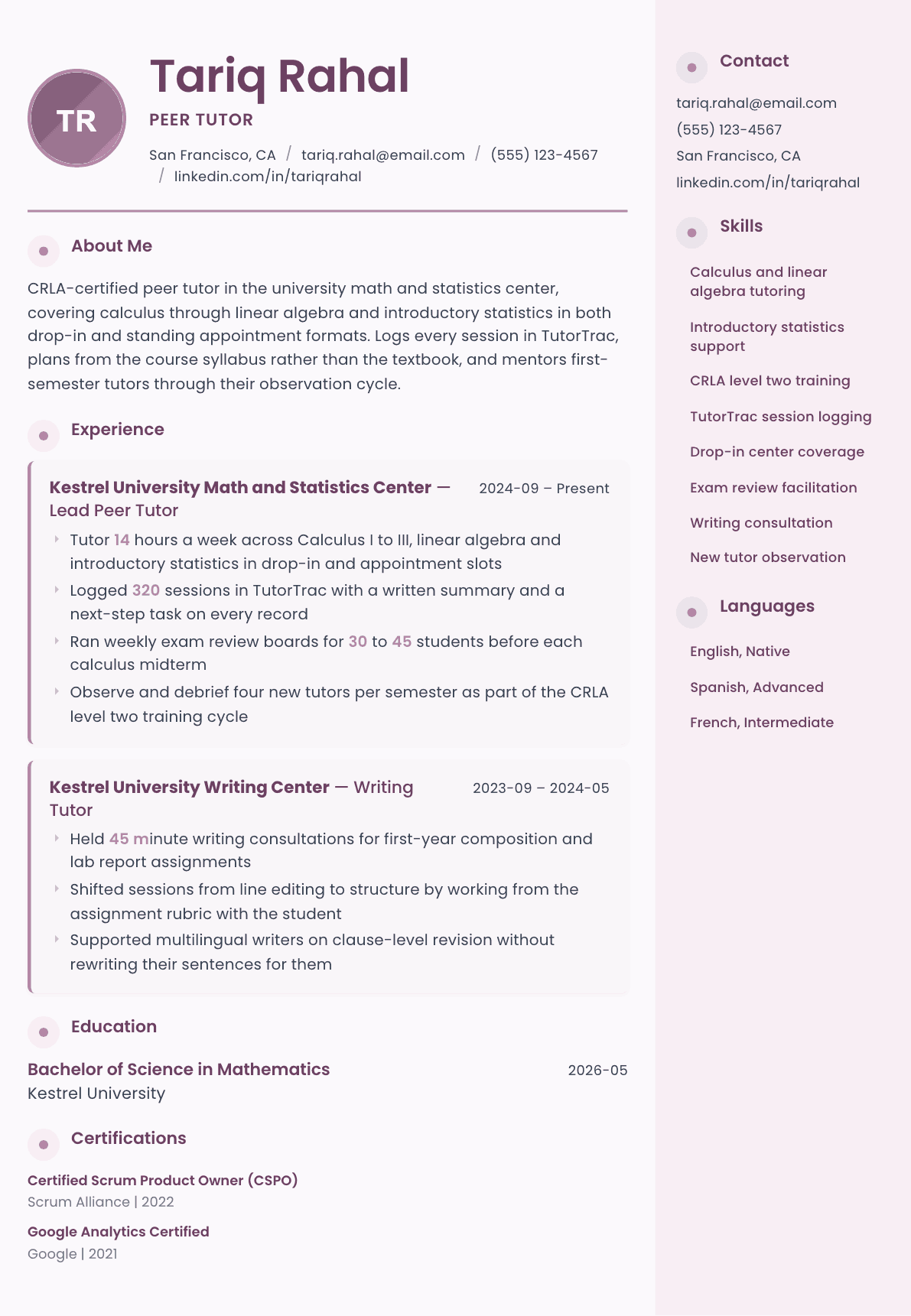 Peer Tutor resume example, Bloom template