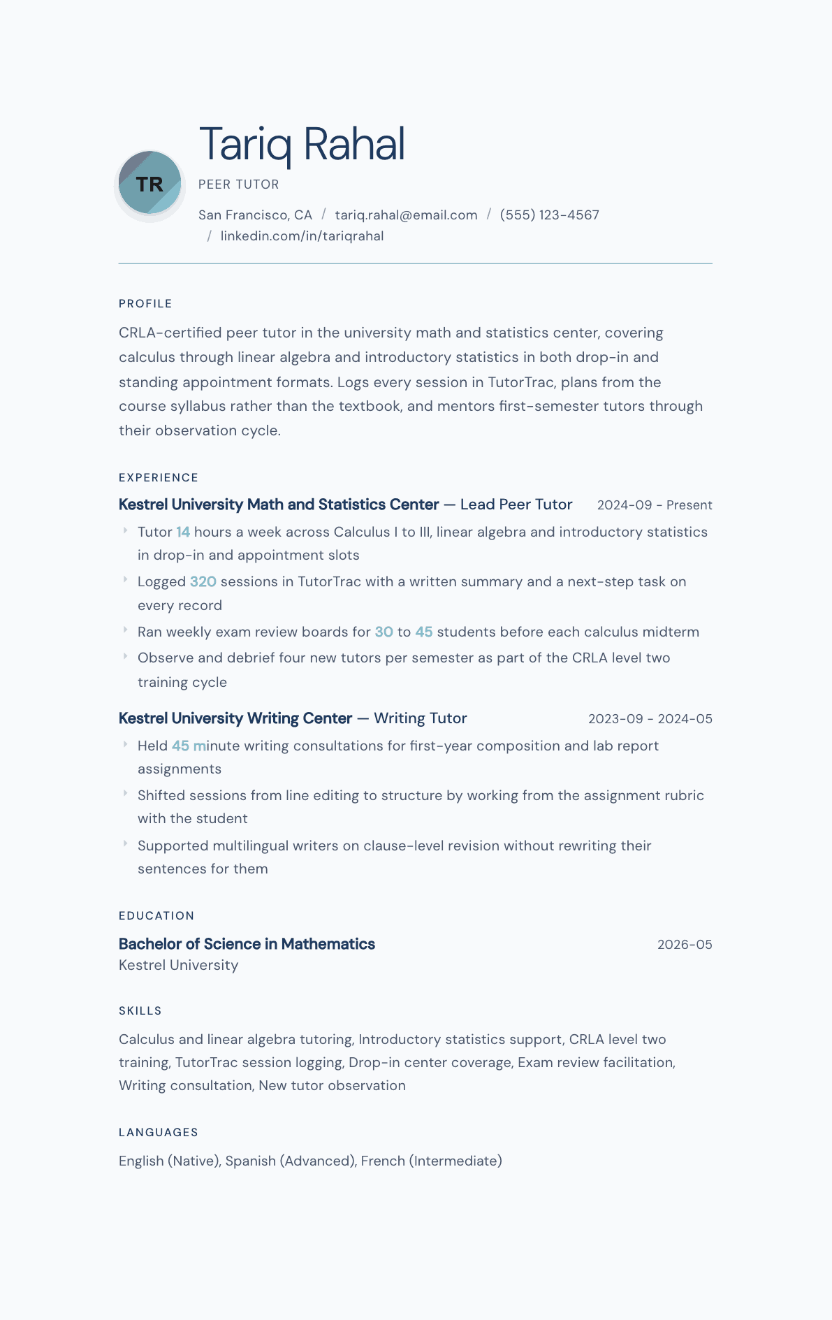 Peer Tutor resume example, Nordic Frost template