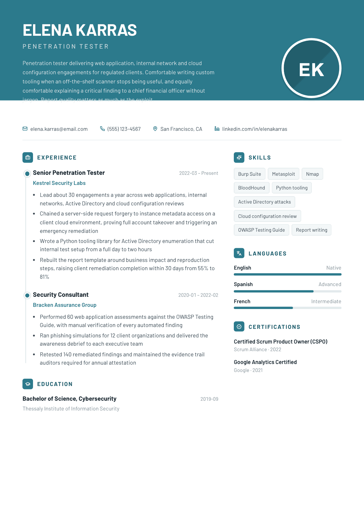 Penetration Tester resume example, Harbor template