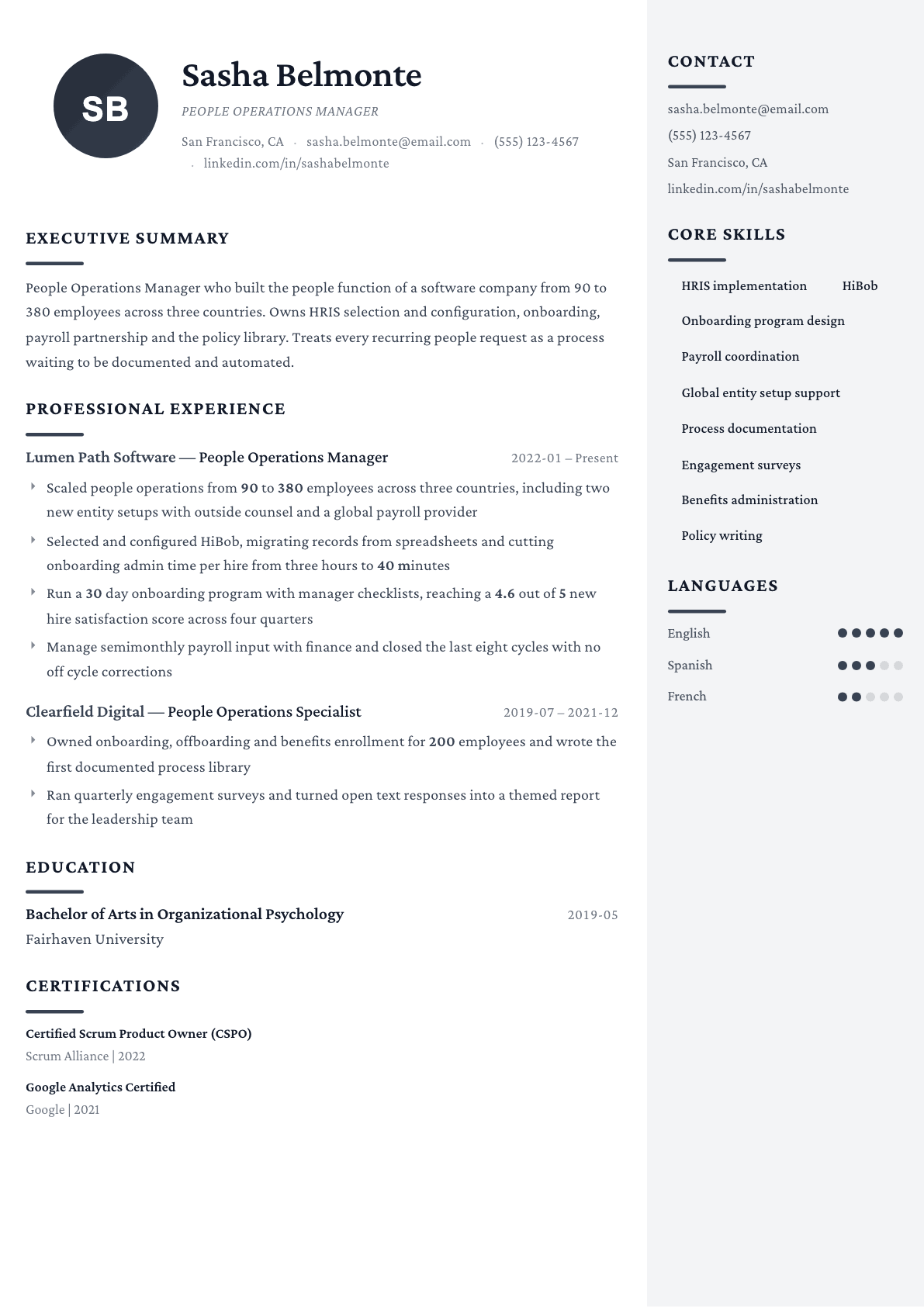 People Operations Manager resume example, Monarch template