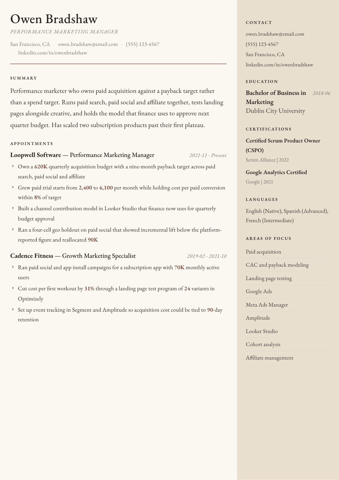 Performance Marketing Manager resume example, Manuscript template