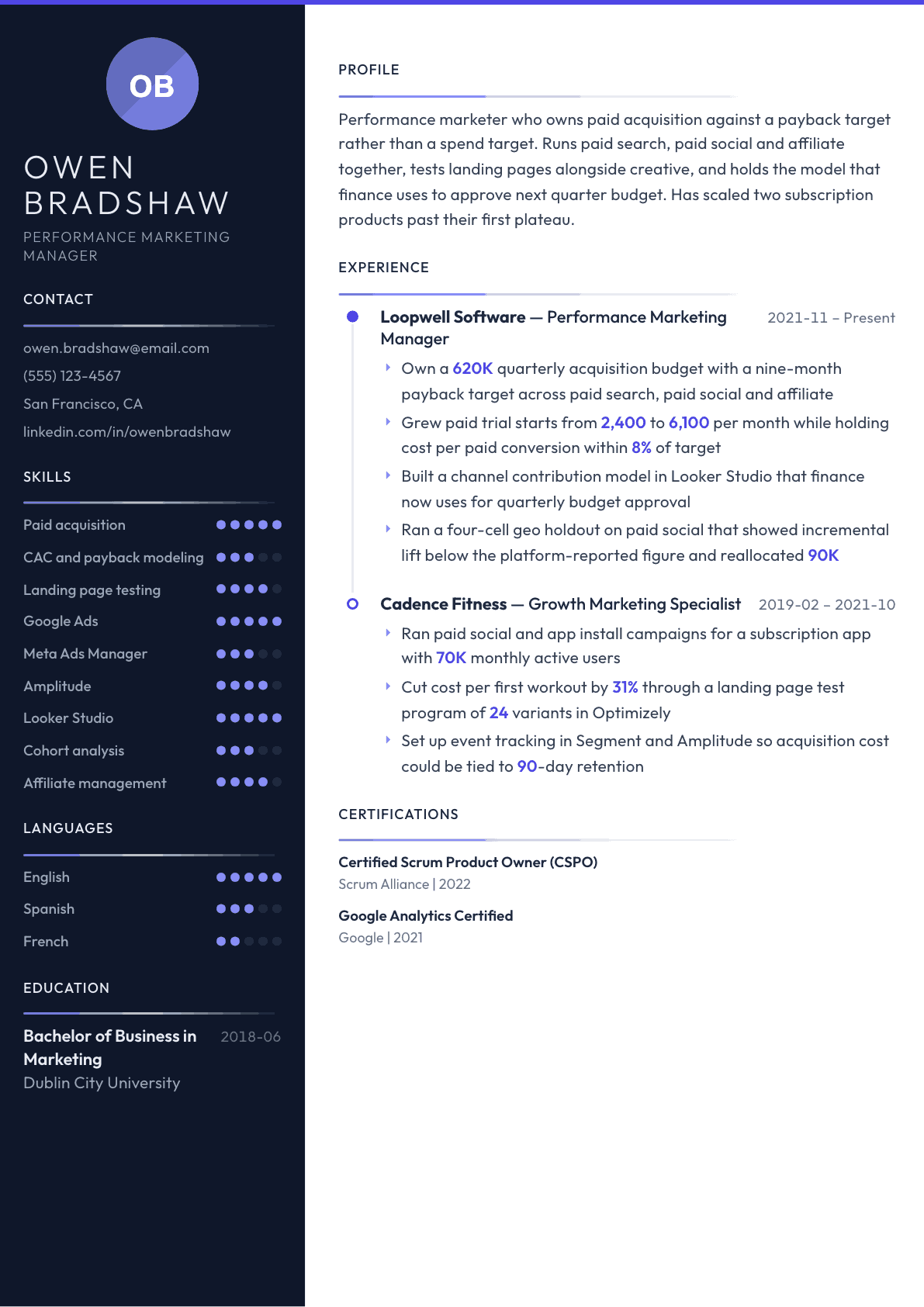 Performance Marketing Manager resume example, Zenith template