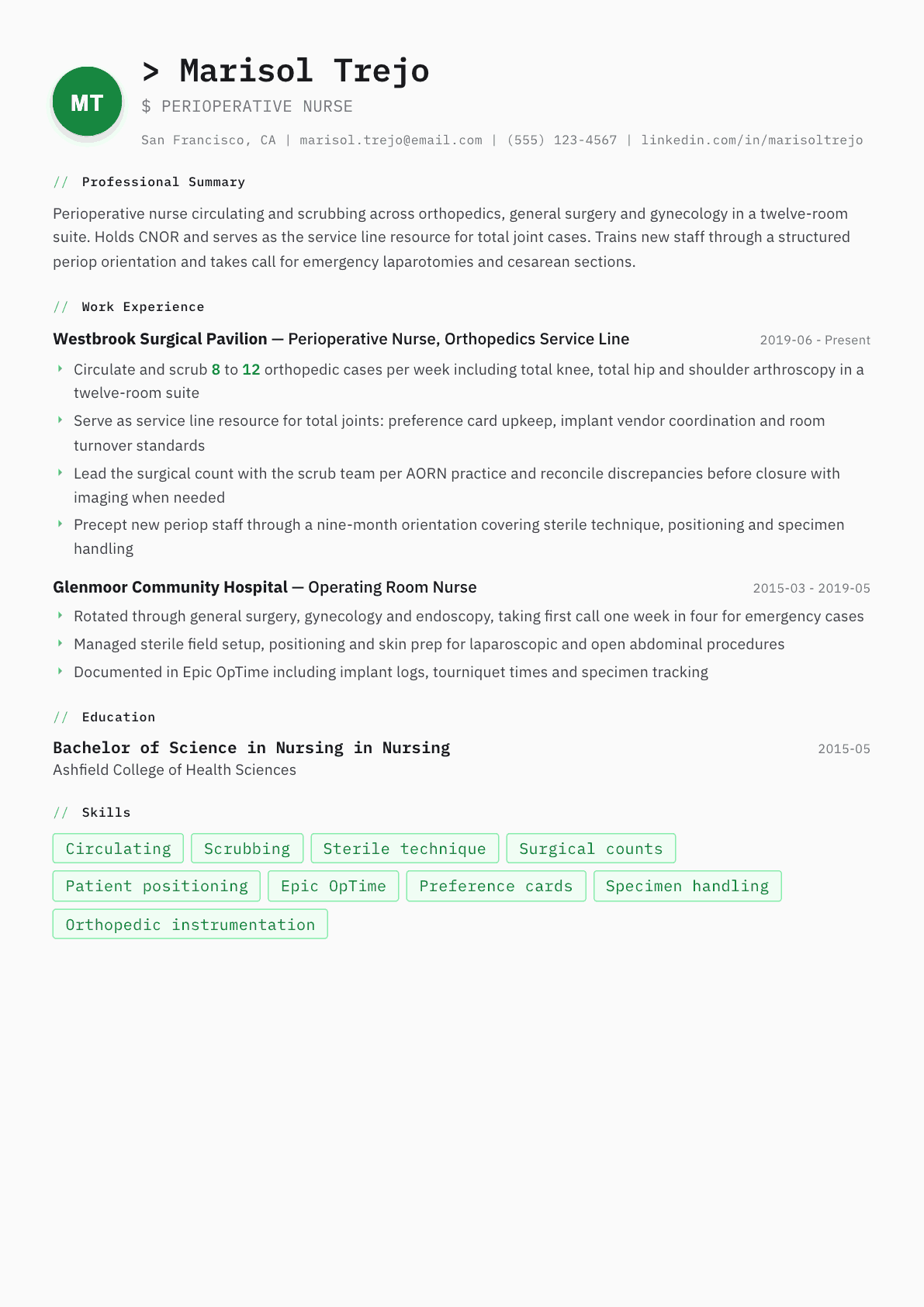 Perioperative Nurse resume example, Amsterdam template