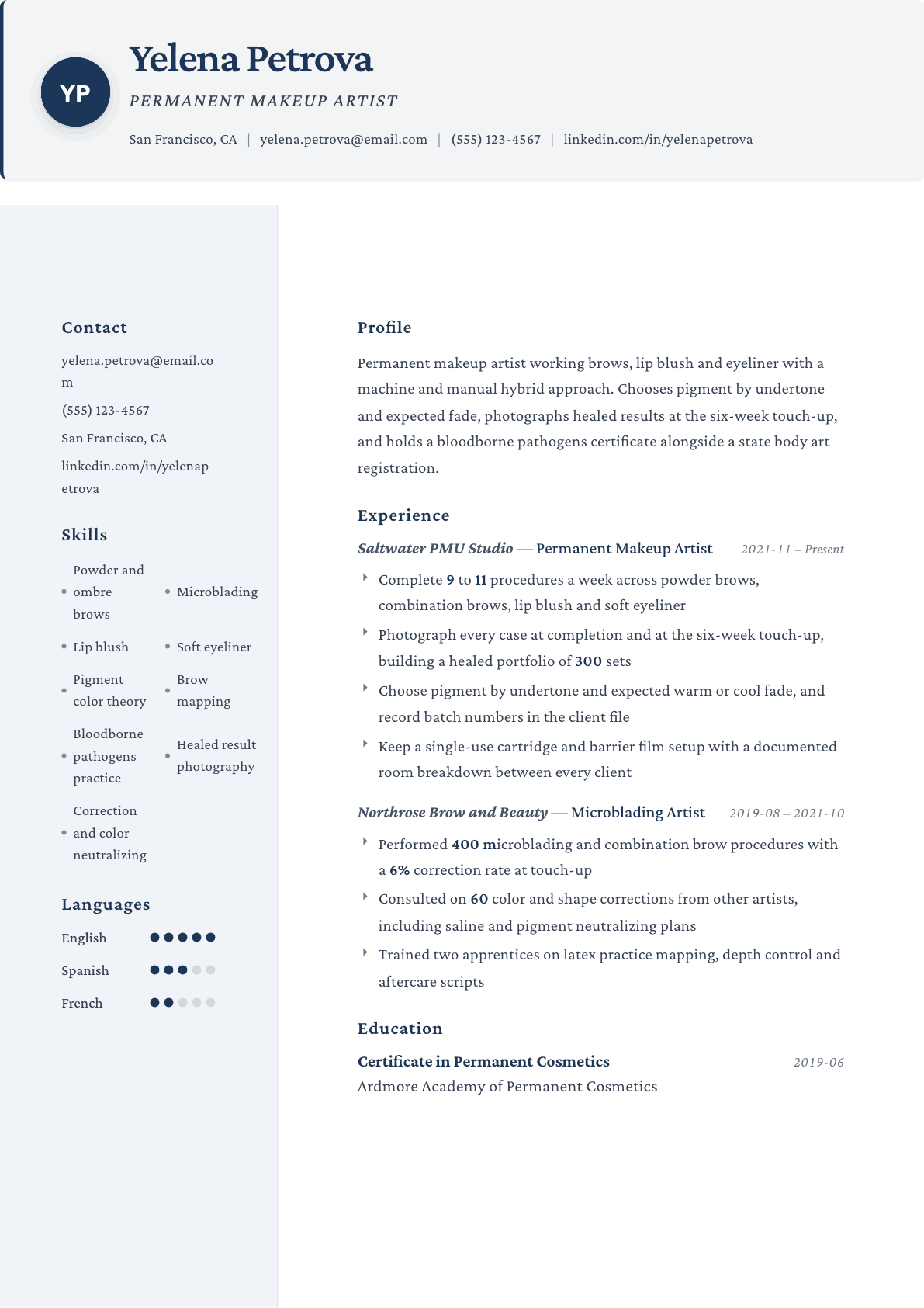 Permanent Makeup Artist resume example, Formal template
