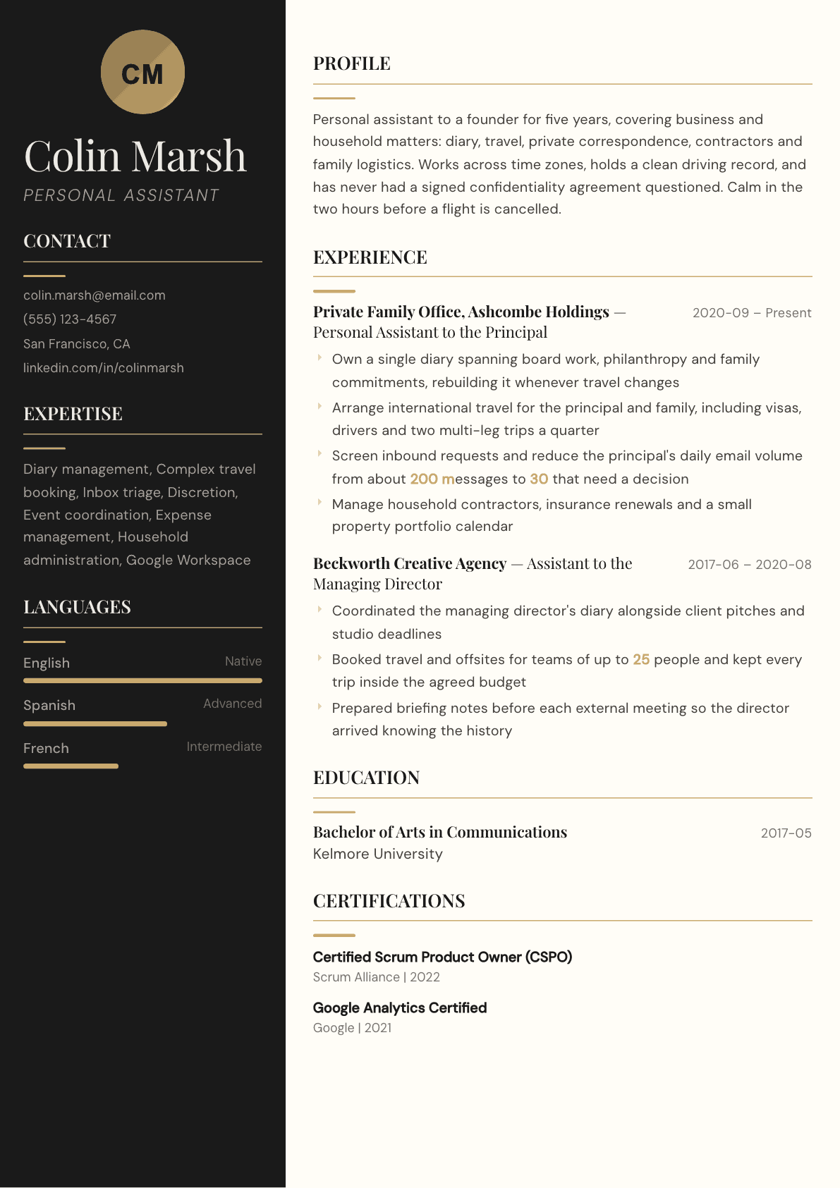 Personal Assistant resume example, Obsidian template