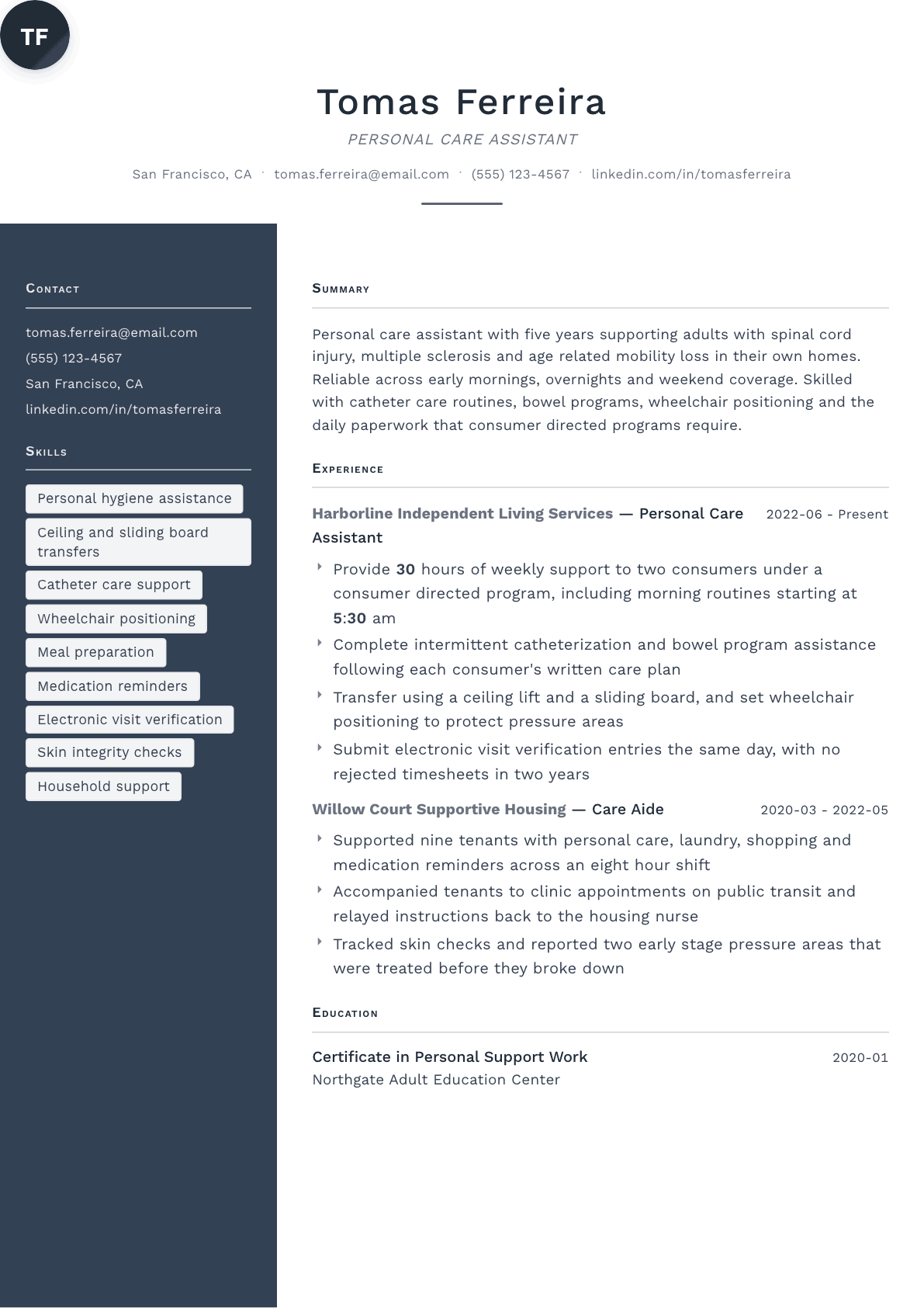 Personal Care Assistant resume example, Fold template