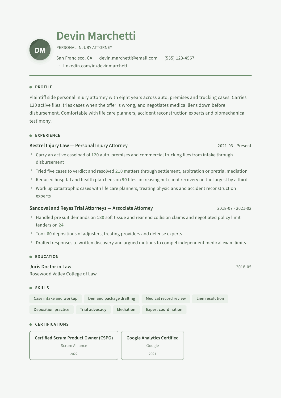 Personal Injury Attorney resume example, Sage Garden template