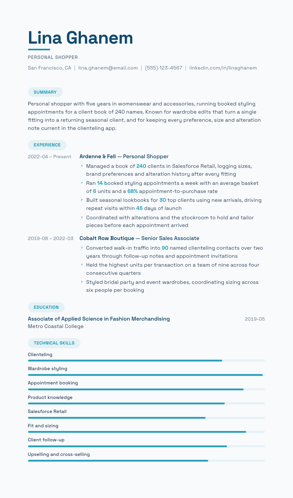 Personal Shopper resume example, Horizon template