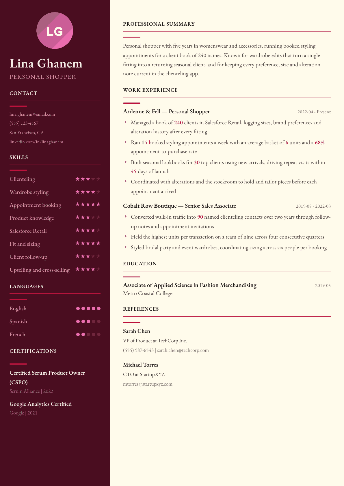 Personal Shopper resume example, Dubai template