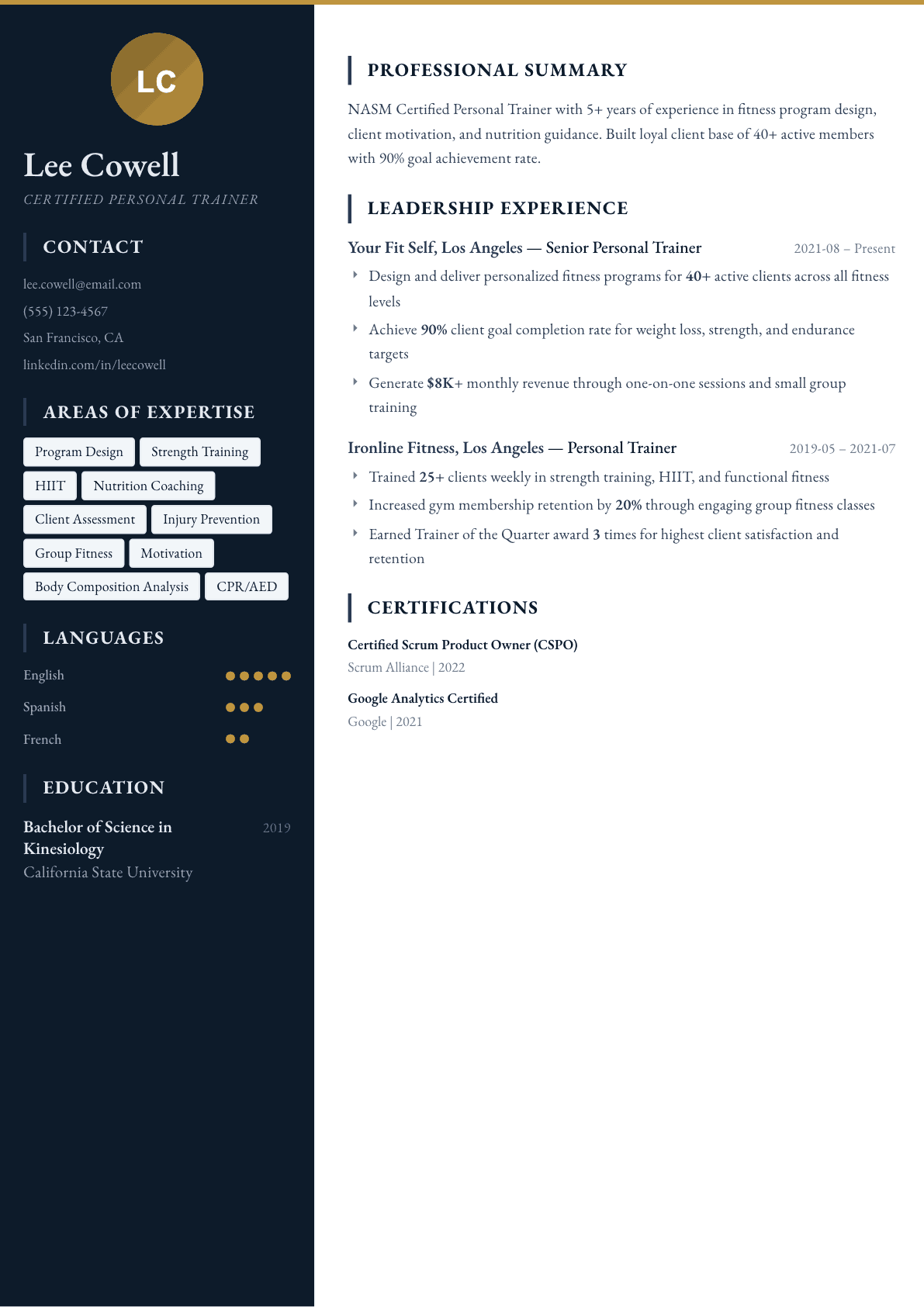 Personal Trainer resume example, Presidio template
