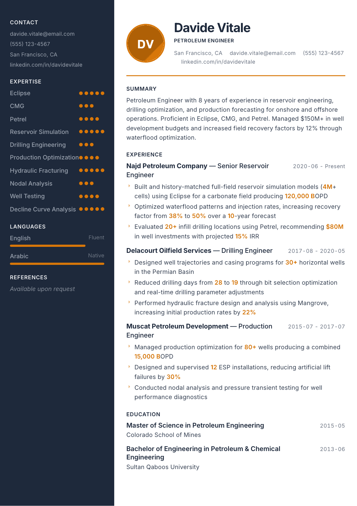 Petroleum Engineer resume example, Copper & Slate template
