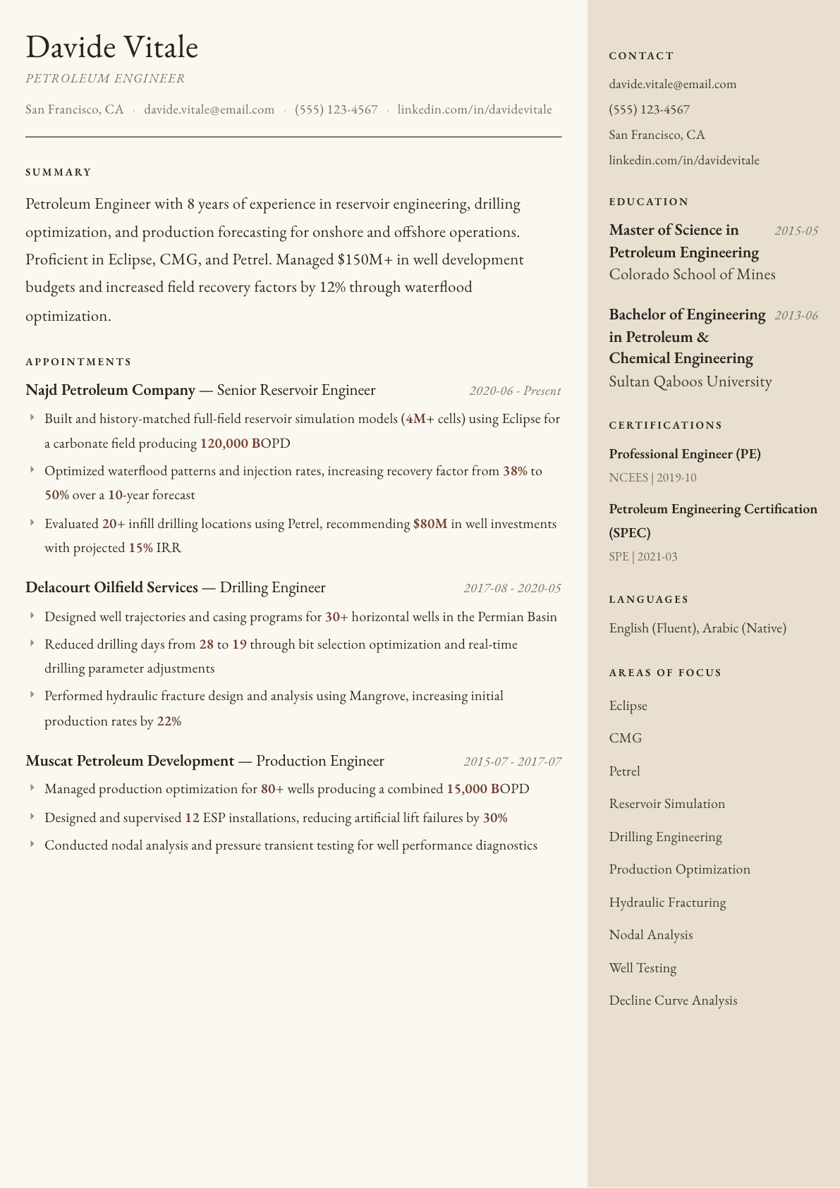 Petroleum Engineer resume example, Manuscript template