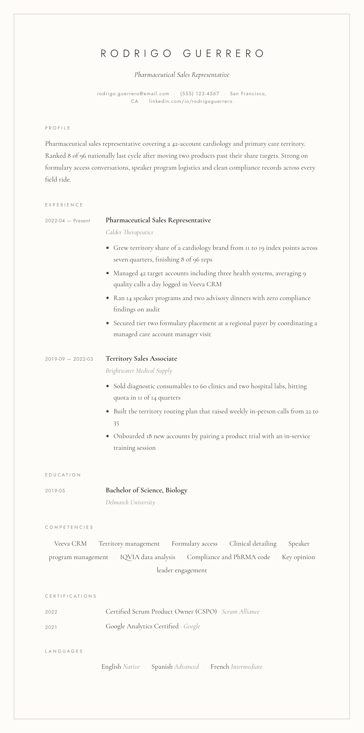 Pharmaceutical Sales Representative resume example, Vellum template