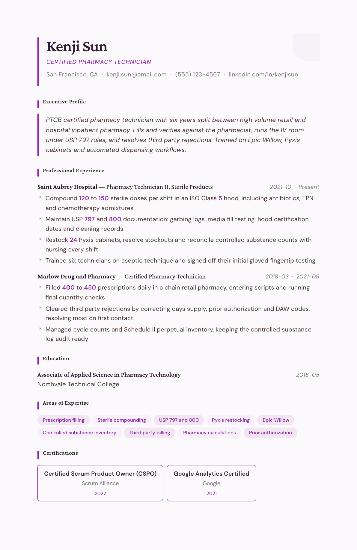 Pharmacy Technician resume example, Plum Noir template