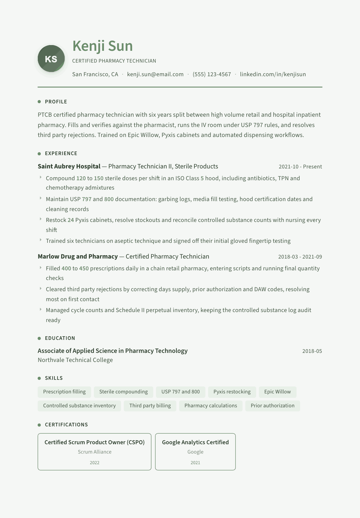 Pharmacy Technician resume example, Sage Garden template