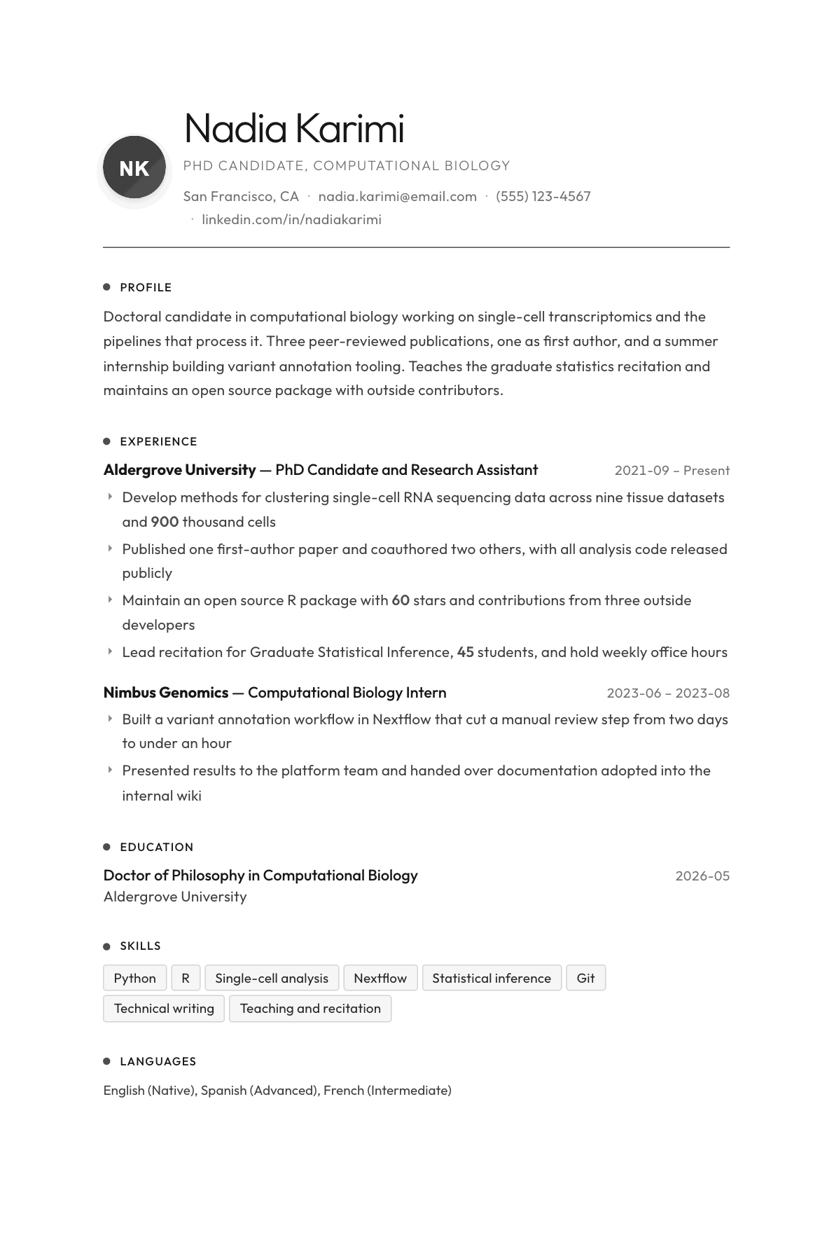 PhD Student resume example, Flux template