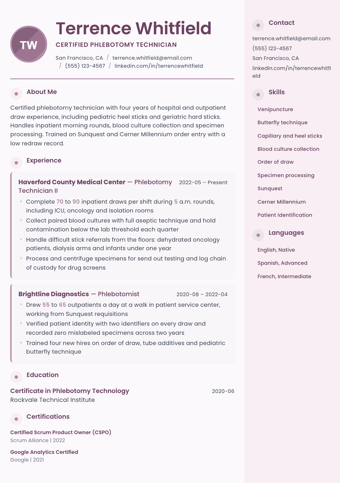 Phlebotomist resume example, Bloom template