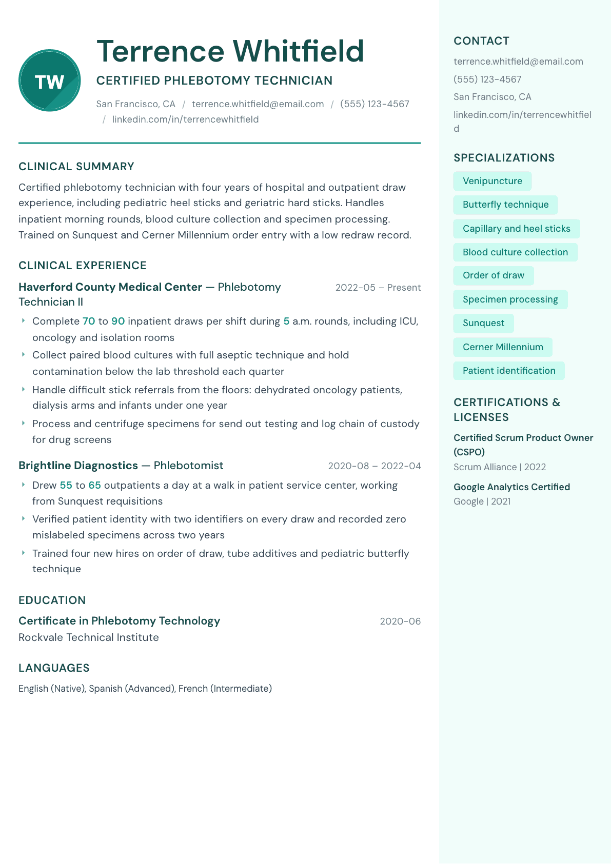 Phlebotomist resume example, Remedy template
