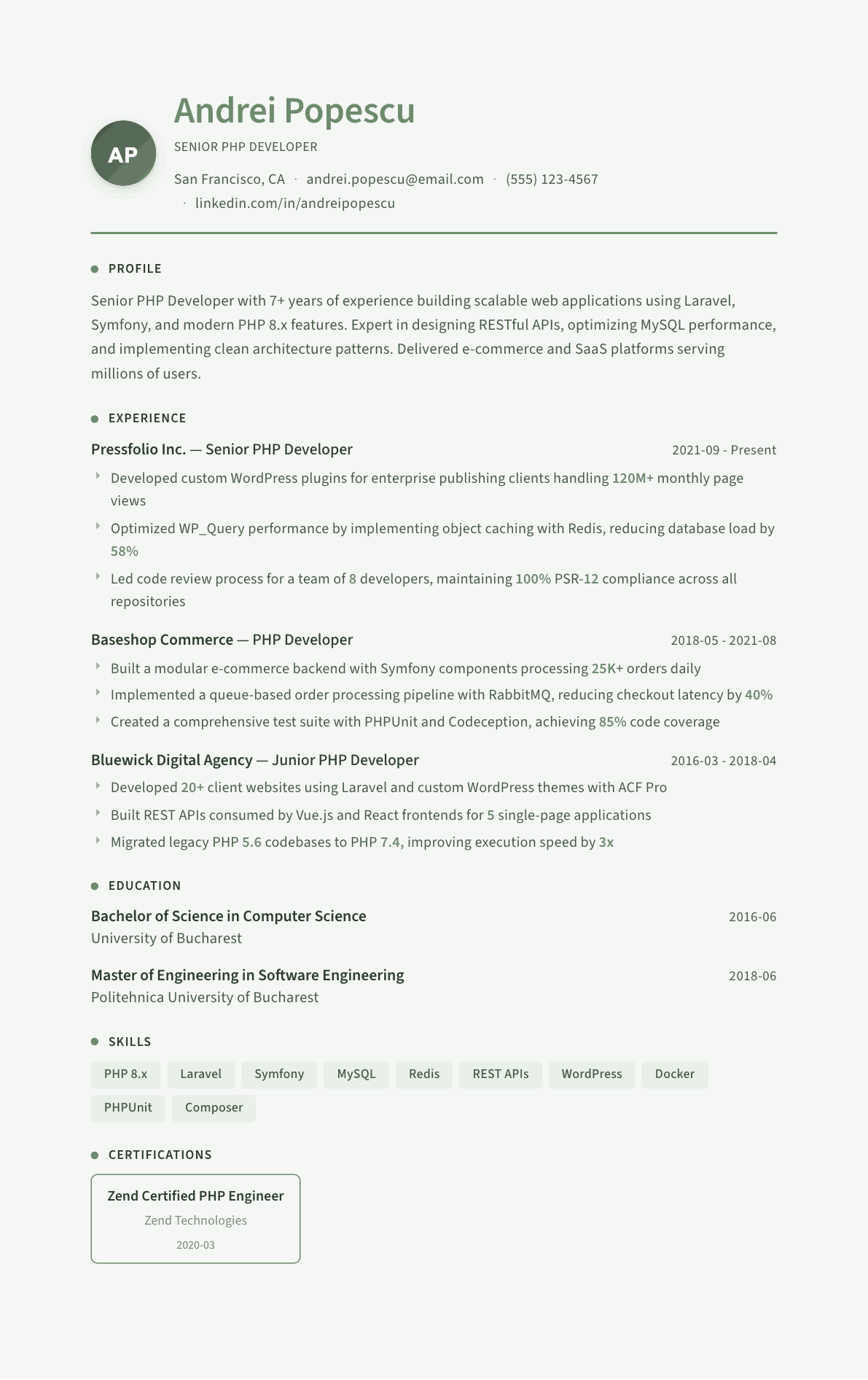 PHP Developer resume example, Sage Garden template