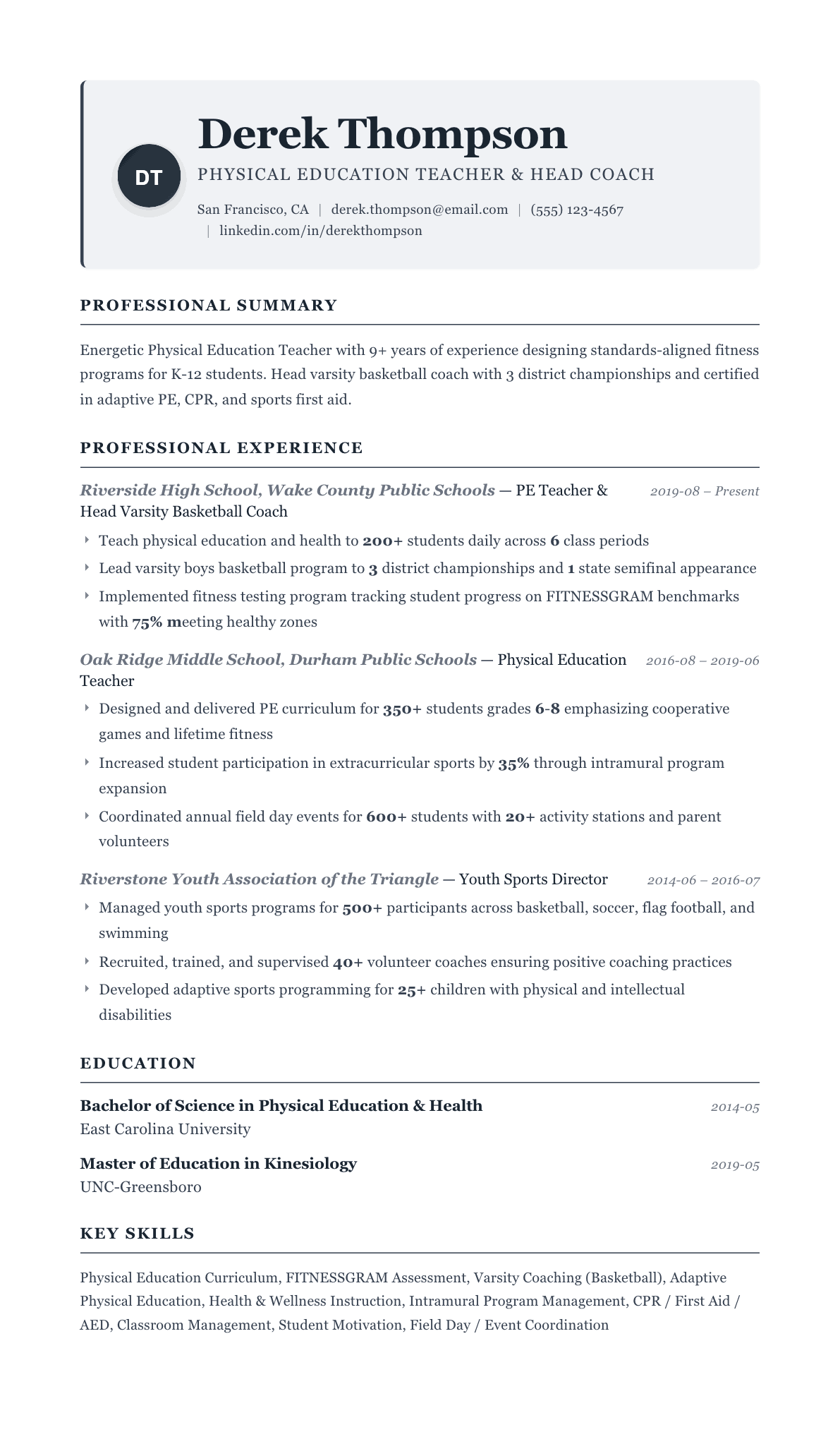 Physical Education Teacher resume example, Traditional template