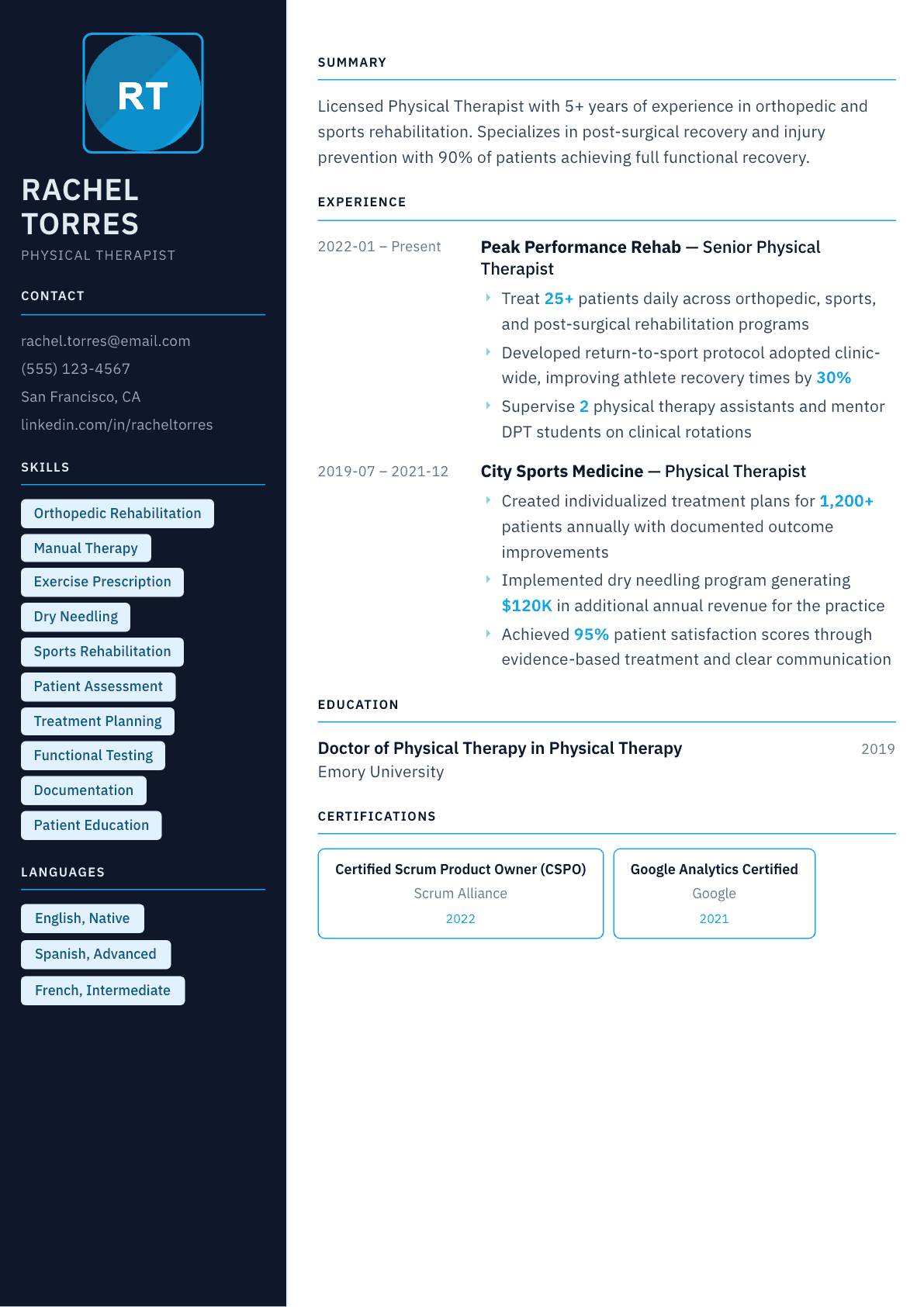 Physical Therapist resume example, Everest template