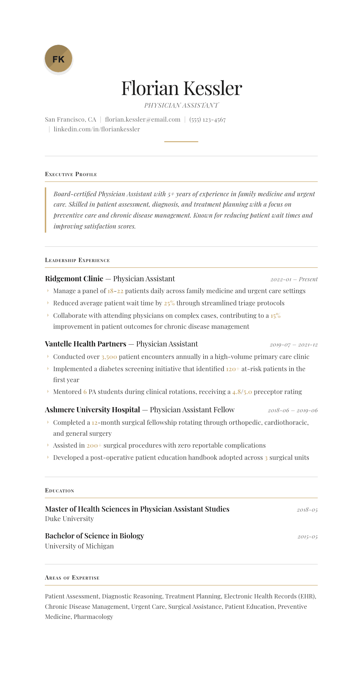 Physician Assistant resume example, Chancellor template