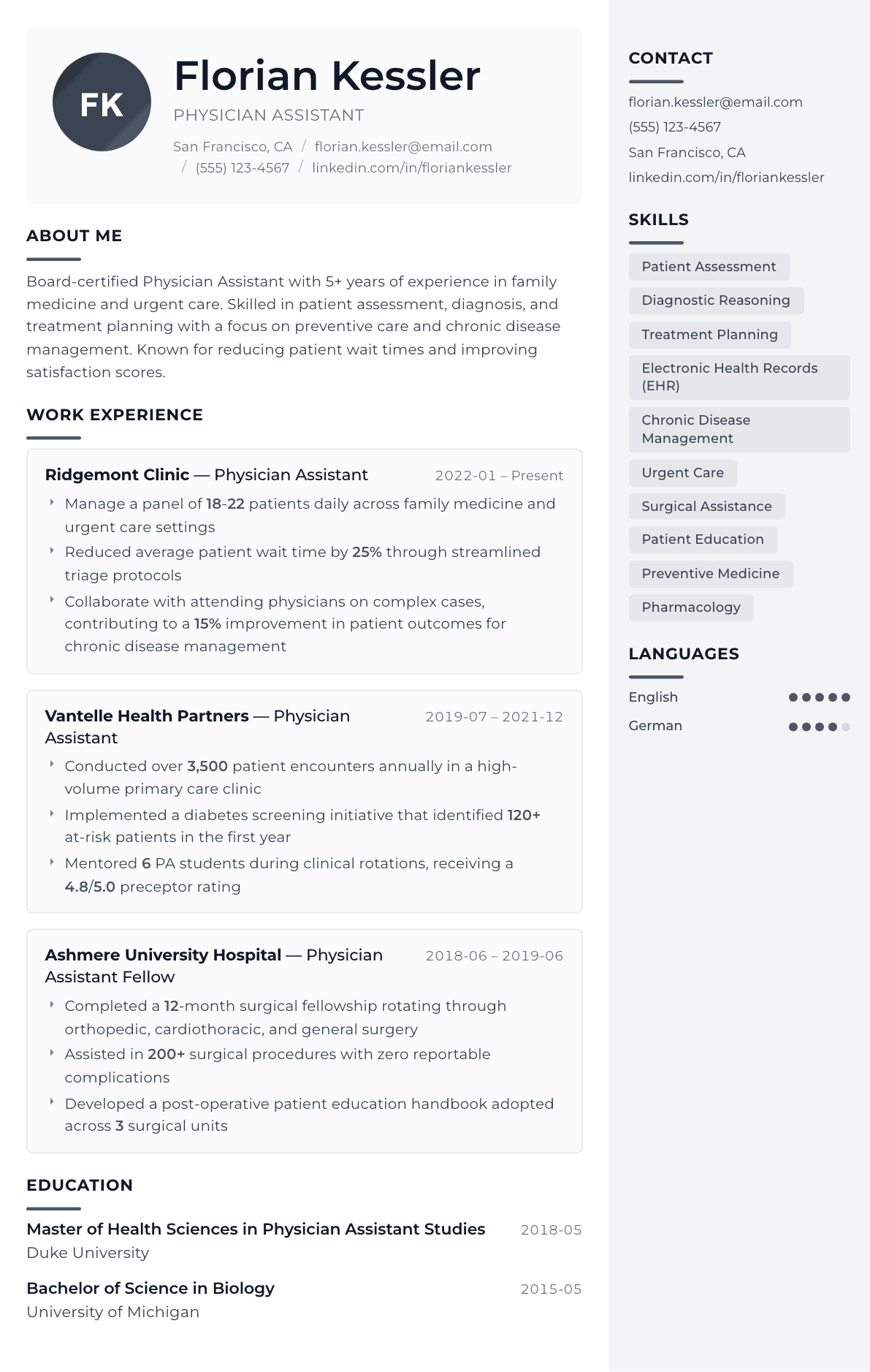Physician Assistant resume example, Metropolitan template