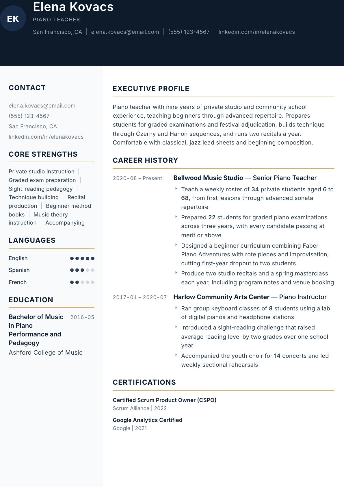 Piano Teacher resume example, Consulate template