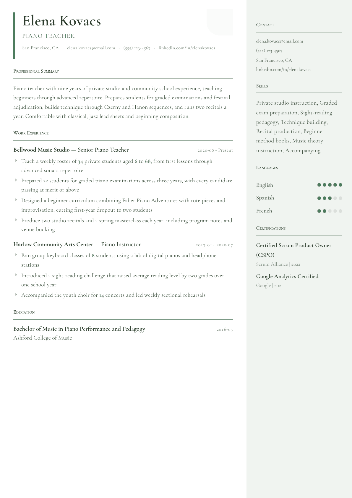 Piano Teacher resume example, Copenhagen template
